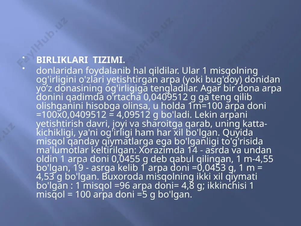 aykalcha va boshqa buyumlarga ega bo'ldi. eritilgan tilloning o'zi 150 ming misqolga teng kelgan. taxmin qilishlaricha, qutayba xazinadagi barcha tillo buyumlarni bir joyga yig'ib eritishni buyurgan. bundan 50 ming misqol oltin hosil bo'lgan ekan. qadoq – og'irlik o'lchov birligi. juda qadimdan qo'llanilib keladi. l qadoq = 409,512 g. qiymat jixatidan 1 funtga teng bo'lgan; 1 qadoq = l funt. funtning qiymati ishlatilishi joyiga qarab har xil bo'lgan. masalan, rossiyada 1 funt = 409,512 g bo'lsa, angliya va aqsh da 1 funt = 0,45359237 kg, 453,592 g. o’rni kelganda shuni ta'kidlash kerakki, angliya funti 453,592 g bo'lib, u misr xinasi /misr xinasi=0,454 kg hajmidagi suv og’irligiga teng. bulardan ko'rinib turibdiki, o'zbek qadoqining qiymati qadimdan to hozirgacha o'zgarishsiz bo'lib, o'lchov birligi sifatida qo'llanilib kelmoqda. chunki 40 qadoqga tenglab olingan va qadimdan to hozirgi kungacha qo'llanib kelayotgan pud hozirgi kunda ham 16,3805 g ga teng. bunga asosiy sabab, qadoqni 1 arpa doni = …