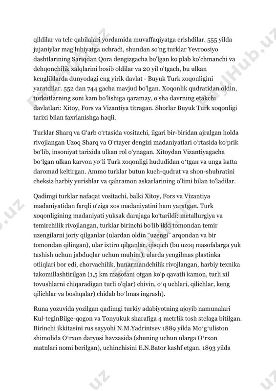 vaffaqiyatga erishdilar. 555 yilda jujaniylar mag'lubiyatga uchradi, shundan so'ng turklar yevroosiyo dashtlarining sariqdan qora dengizgacha bo'lgan ko'plab ko'chmanchi va dehqonchilik xalqlarini bosib oldilar va 20 yil o'tgach, bu ulkan kengliklarda dunyodagi eng yirik davlat - buyuk turk xoqonligini yaratdilar. 552 dan 744 gacha mavjud bo'lgan. xoqonlik qudratidan oldin, turkutlarning soni kam bo'lishiga qaramay, o'sha davrning etakchi davlatlari: xitoy, fors va vizantiya titragan. shorlar buyuk turk xoqonligi tarixi bilan faxrlanishga haqli. turklar sharq va g‘arb o‘rtasida vositachi, ilgari bir-biridan ajralgan holda rivojlangan uzoq sharq va o‘rtayer dengizi madaniyatlari o‘rtasida ko‘prik bo‘lib, insoniyat tarixida ulkan rol o‘ynagan. xitoydan vizantiyagacha boʻlgan ulkan karvon yoʻli turk xoqonligi hududidan oʻtgan va unga katta daromad keltirgan. ammo turklar butun kuch-qudrat va shon-shuhratini cheksiz harbiy yurishlar va qahramon askarlarining o'limi bilan to'ladilar. qadimgi turklar nafaqat vositachi, balki xitoy, fors va vizantiya madaniyatidan farqli o‘ziga xos madaniyatini ham yaratgan. turk xoqonligining madaniyati yuksak darajaga ko‘tarildi: metallurgiya va temirchilik …