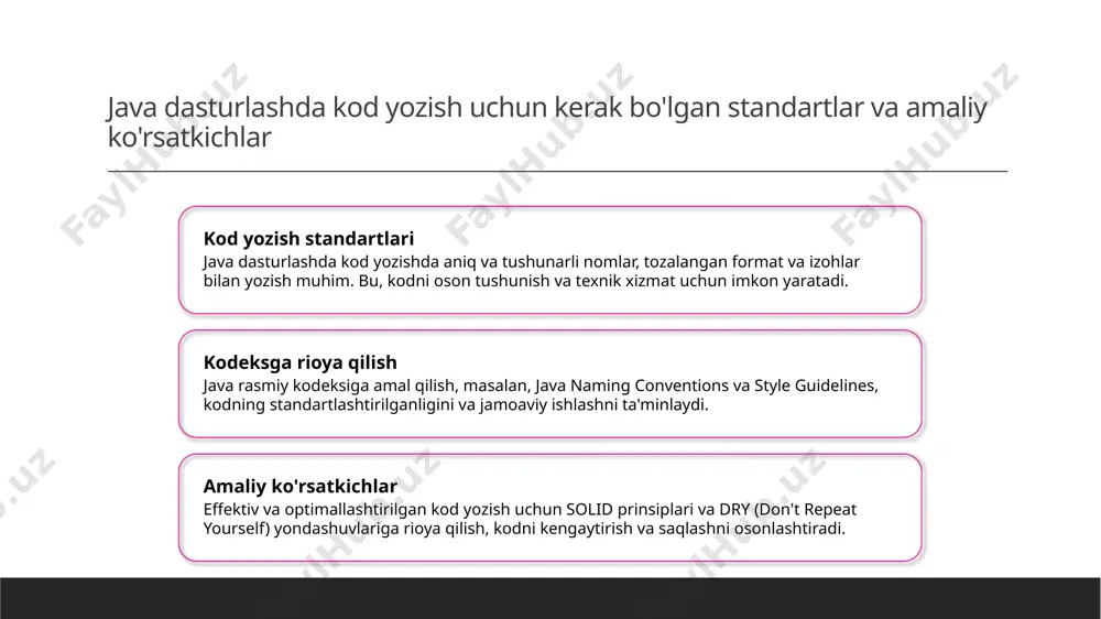 y dasturlash talablariga javob beradi. java dasturlash texnologiyalarining rivojlanishi va bozor talablariga ta'siri. java texnologiyalarining rivojlanishi java dasturlash tili 1995-yilda yaratilganidan buyon, uning texnologiyalari va kutubxonalar doimo yangilanib, zamonaviy talablar bilan moslashmoqda. bozor talablariga moslashuv java, mobil, veb va bulut texnologiyalarida keng qo'llanilmoqda, bu esa bozordagi ehtiyojlarga javob beradigan yuqori darajadagi moslashuvchanlikni ta'minlaydi. yangi imkoniyatlar java platformasi yangi api-lar va ramkalar yordamida dasturchilarga keng imkoniyatlar, masalan, xavfsizlik, ishlash va massiv ma'lumotlar bilan ishlash imkonini beradi. bozor talablari va istiqbollar bozor talablarining o'sishi bilan java texnologiyalari sun'iy intellekt, katta ma'lumotlar va iot sohalarida rivojlanmoqda, bu esa kelajakda muhim rol o'ynaydi. java dasturlashda obyekt-oriented paradigmning asosiy prinsiplarini tushuntirish 1 inkapsulyatsiya va ma'lumotlarni himoyalash ob'ekt-oriented paradigma ma'lumotlarni inkapsulyatsiya qilish orqali himoya qiladi, bu esa sinf ichidagi atributlar va metodlarni tashqi ta'sirdan yashirish imkonini beradi. 2 meros olish va kodni takrorlash meros olish yordamida yangi sinflar mavjud sinflardan xususiyatlar va metodlarni oladi, bu kodni …