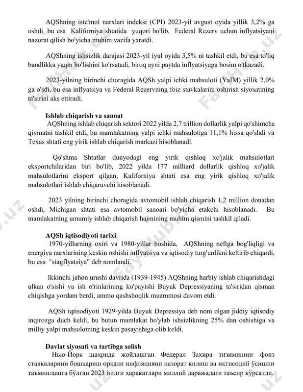 vazifa yaratdi. aqshning ishsizlik darajasi 2023-yil iyul oyida 3,5% ni tashkil etdi, bu esa to'liq bandlikka yaqin bo'lishini ko'rsatadi, biroq ayni paytda inflyatsiyaga bosim o'tkazadi. 2023-yilning birinchi choragida aqsh yalpi ichki mahsuloti (yaim) yillik 2,0% ga o'sdi, bu esa inflyatsiya va federal rezervning foiz stavkalarini oshirish siyosatining ta'sirini aks ettiradi. ishlab chiqarish va sanoat aqshning ishlab chiqarish sektori 2022 yilda 2,7 trillion dollarlik yalpi qo'shimcha qiymatni tashkil etdi, bu mamlakatning yalpi ichki mahsulotiga 11,1% hissa qo'shdi va texas shtati eng yirik ishlab chiqarish markazi hisoblanadi. qo'shma shtatlar dunyodagi eng yirik qishloq xo'jalik mahsulotlari eksportchilaridan biri bo'lib, 2022 yilda 177 milliard dollarlik qishloq xo'jalik mahsulotlarini eksport qilgan, kaliforniya shtati esa eng yirik qishloq xo'jalik mahsulotlari ishlab chiqaruvchi hisoblanadi. 2023 yilning birinchi choragida avtomobil ishlab chiqarish 1,2 million donadan oshdi, michigan shtati esa avtomobil sanoati bo'yicha etakchi hisoblanadi. bu mamlakatning umumiy ishlab chiqarish hajmining muhim qismini tashkil qiladi. aqsh iqtisodiyoti tarixi 1970-yillarning …