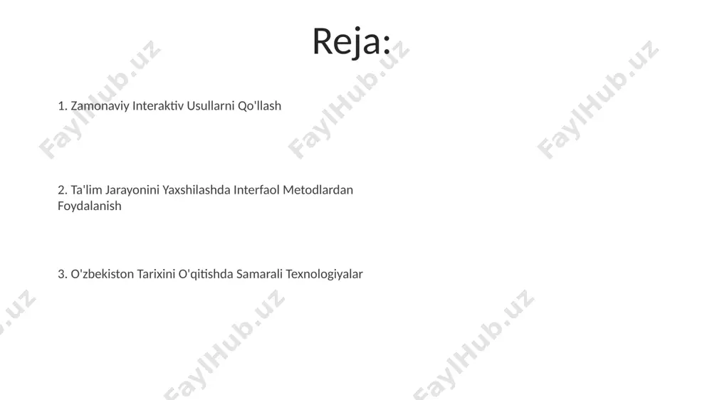 o aloqa qilish, ularning hayoti va faoliyati haqida batafsil ma'lumot olish imkonini beradi. onlayn resurslar va platformalardan foydalanish ўзбекистон миллий музейининг онлайн коллекциясидан (15000 дан ортиқ экспонат) фойдаланиб, бухоро амирлиги даврига оид материалларни тақдим этиш, визуал таълимни яхшилайди. ўзбекистон тарихига бағишланган 100 дан ортиқ онлайн тестлар ва викториналарни google classroom орқали тарқатиш, ўқувчиларнинг билимларини баҳолашда самарадорликни оширади. zoom платформаси орқали 50 нафаргача ўқувчи билан онлайн дарслар ўтказиш, самарқанд тарихига оид 3d-моделлардан фойдаланиш орқали ўқув жараёнини янада қизиқарли қилади. interaktiv o'yinlar va simulyatsiyalar 1917-yilgi inqilob voqealarini aks ettiruvchi, 4 ta asosiy siyosiy kuchning qarama-qarshiliklarini, toshkentdagi voqealarni va 20 mingdan ortiq virtual agentlarni o'z ichiga olgan keng ko'lamli tarixiy simulyatsiya. samarqand shahri tarixini o'rganish uchun 3d simulyatsiya o'yini yaratib, 15-asrda shaharning ko'rinishini, 5 ta muhim binosini va aholisining kundalik hayotini interaktiv ravishda namoyish etish mumkin. buxoro amirligi davriga oid iqtisodiy strategiya o'yinida o'yinchilar 10 ta resursni boshqarish, 2 ta qo'shni davlat bilan …