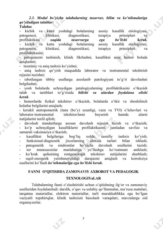 yangiliklar, videofilmlar, o’quv tablisalar ishlatish · test topshiriqlarini bajarish · moodle platformasidagi ma’lumotlar · vaziyatga xos masalalarni qo’llash · bilimni baholashga reyting sistemasini va oske usulini takomillashtirish · videoma’ruzalarni tayyorlash va foydalanish · elektron pochta va internet. - laborator ma’lumotlar (taxlillar); - instrumental tekshiruvlar (rentgen suratlar, uzi ma’lumotlari, ekg, exokg, neyrosonografiya ma’umotlari va boshqalar ) - interfaol o’yinlardan - “venn- diagrammasi“, “assisment”, “auto- kurs”, “klaster”, «t-sxema» , “swot” “miya shturmi”, “rolli o’yin”, “galereya bo’ylab tur” va boshqa yangi tehnologiyalarni o’quv jarayoniga tadbiq etish. bu usullar afzalligi: -ishtirokchilar o’zaro g‘oya va fikrlarni almashinish imqoniyatiga ega bo’ladilar. -ishtirokchilar katta guruxlarda bayon qila olmaydigan fikrlarini, kichik guruhlarda bayon qiladilar. -ishtirokchilarning tajriba va g‘oya almashinuvlari ularning bilimlarini oshiradi, mavjud yondashishlarini o’zgartiradi. -diqqat markazi pedagogdan ishtirokchilarga o’tkaziladi. -bilim olish uchun katta mas’uliyatni ishtirokchilar o’zlariga olishga majbur bo’ladilar. - talabalarning ishtirok etish darajasini oshirish, ularga bir-biridan o’rganishga imkon berish. o’quv yuklamasining hajmi va taqsimlanishi semestr umumiy …