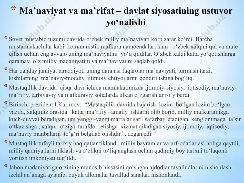 di. 1990 yil - 2 mayda prezident farmoni bilan navro‘z bayrami tiklandi 1990 yil iyun oyida musulmonlarning haj qilish marosimi hujjatiga imzo chekdi. 350 kishi edi boshida. 1992 yil - 7 martda prezident farmoni bilan o‘zr vazirlar mahkamasi huzurida din ishlari bo‘yicha qo‘mita tashkil etildi. 1992 yil - 27-martdagi farmon bilan ro‘za – ramazon hayitining birinchi kuni dam olish kuni deb e’lon qilindi. 1992 yil ramazon, xayit bayram sifatida e’lon qilindi 1994 yil 23 aprelda ma’naviyat va ma’rifat markazi tashkil etildi. o‘zbekiston respublikasining birinchi prezidenti i.karimovning1994-yil 23-apreldagi farmoni asosida “maʼnaviyat va maʼrifat” jamoatchilik markazi tashkil etildi. bu, o‘z navbatida, respublikada maʼnaviy va mafkuraviy ishlarni yuksaltirishda katta ahamiyatga ega bo‘ldi. o‘zbekiston respublikasi prezidentining 2000-yilning 2-iyunidagi “respublika maʼnaviyat va maʼrifat kengashini qo‘llab-quvvatlash to‘g‘risida”gi farmoni esa mamlakatimizda maʼnaviy-maʼrifiy islohotlarni izchil amalga oshirish, milliy istiqol g‘oyasining asosiy tushuncha va tamoyillarini xalqimiz ongi va qalbiga singdirish borasida ulkan ishlarni amalga oshirishga qaratilgan muhim dastur bo‘ldi. …