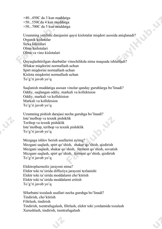 ik to’g’ri javob yo’q mezgaga ishlov berish usullarini ayting? mezgani saqlash, spirt qo’shish, shakar qo’shish, qizdirish mezgani saqlash, shakar qo’shish, ferment qo’shish, sovutish mezgani saqlash, spirt qo’shish, ferment qo’shish, qizdirish to’g’ri javob yo’q elektroplazmoliz jarayoni nima? elektr toki ta’sirida diffuziya jarayoni tezlanishi elektr toki ta’sirida moddalarni cho’ktirish elektr toki ta’sirida moddalarni eritish to’g’ri javob yo’q sharbatni tozalash usullari necha guruhga bo’linadi? tindirish, cho’ktirish filtrlash, tindirish tindirish, tsentrafugalash, filtrlash, elektr toki yordamida tozalash xurushlash, tindirish, tsentrafugalash bijg’ish jarayonining qaysi bosqichlarida achitqilar aktivligi maksimal bo’ladi? yashirish bijg’ish bosqtichida sekin bijg’ish bosqichida davomli bijg’ish bosqichida to’g’ri javob yo’q «dolivka» jarayonining maqsadi nima? spirt mikdorini normallash uchun idishga vinomaterial qo’yish bo’shliq qolmasligi uchun idishga vinomaterial qo’yish sharob miqdorini normallash uchun vinomaterial qo’yish to’g’ri javob yo’q vino navlarini ko’rsating? musallas vinolar, kuchli vinolar, desert vinolar, shampan vinolar oq va qizil vinolar taxir va shirish vinolar to’g’ri javob yo’q sharobda sodir bo’ladigan qanday loyqalanish turlarini bilasiz? …