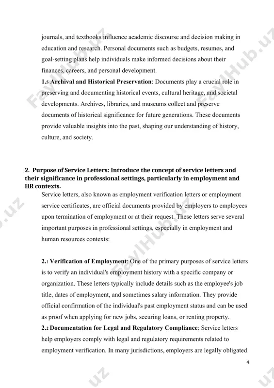 erms and conditions of employment, including dates of service and job responsibilities, service letters help prevent disputes or misunderstandings between employers and employees regarding past employment arrangements. 3. scope of the coursework: provide an overview of the different types of documents and service letters that will be discussed in the coursework. 3.1 employment service letters: this will include an in-depth discussion of employment verification letters, also known as service letters, which provide official documentation of an individual's employment history, including job title, dates of employment, and sometimes salary information. 3.2 legal documents: the coursework will explore different types of legal documents commonly used in professional settings, such as contracts, agreements, deeds, wills, powers of attorney, and articles of incorporation. it will cover their purpose, key components, and legal implications. personal documents: students will learn about various personal documents that are important for individuals in professional and personal contexts, including birth …