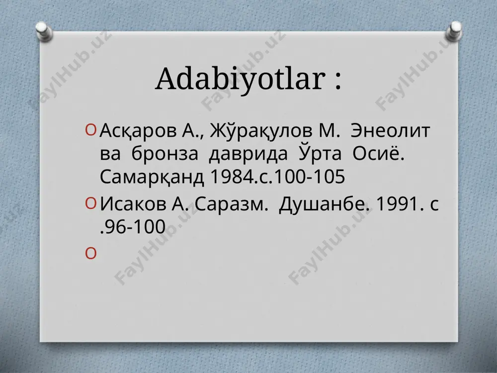 iyatini bilganlari holda, u farovon turmush ramzi ham hisoblangan. worlds together,worlds apart. w.w. norton.& company.new york. london. 2011, р.77. the archaeological record indicates that full-fledged pastoralism had crystallized in the steppe lands of northern eurasia by 3000 bce. by this time, the peoples living there had learned to yoke and ride animals, to milk them, and to use their hair for clothing, as well as to slaughter them for food. of all the domesticated animals in the steppe lands, the horse became the most important. because horses provided decisive advantages in transportation and warfare, they gained more value than other domesticated animals. enеоlitning ilk bоsqichidа аhоli bir-birigа zich qilib qurilgаn bir хоnаli uylаrdаn ibоrаt qishlоqlаrdа istiqоmаt qilgаnlаr. uylаr tоr, kvаdrаt shаklidа хоm g’ishtdаn qurilgаn bo’lib, хоnа dеvоrlаri sоmоnli lоy bilаn suvаlgаn. o’rtа bоsqichidа qishlоqlаrning mаrkаziy qismi mudоfаа dеvоri bilаn o’rаlib, ko’p хоnаli uylаr hаm uchrаydi. ulаrning оrаsidа dоirа shаklidаgi хоnаlаr …
