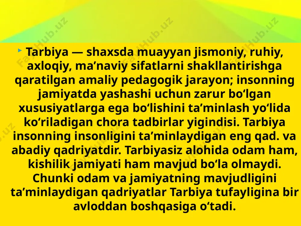 rda tutadi. beshinchisi, uy mehnati, bu ham maishiy mehnat turiga kirib, uyda ozodalikka rioya qilishni, ota-onaga uy ishlarida yordam berishni taqozo qiladi. . axloqiy tarbiya- „axloq“, „xulq“ va „atvor“ so‘zlari arabcha so‘z bo‘lib, ular o‘zbek tilida ham o‘z ma’nosida qo‘llaniladi. ayrim odamlar „axloq —kishilarning har bir jamiyatga xos xulq me’yorlari majmuyi“ deyishsa, boshqalar esa „axloq—ijtimoiy ong shakllaridan biri bo‘lib, hamma sohalarda kishilarning xatti-harakatlarini tartibga solish funksiyasini bajaradi“, deyishadi. axloq me’yorlari xulq-atvorning regulyatori sifatida odat me’yorlariga zid xatti-harakat axloqsizlik harakati deb qaraladi. shunisi ham borki, huquq majburiy bo‘lsa, axloq ixtiyoriydir. axloqiy tarbiya odamlarni nomusli vijdonli, adolatli, vatanparvar, mehnatsevar bo‘lishga o‘rgatadi. axloqiy tarbiyada yaxshi xulqni takomillashtirish uchun kurashiladi. xalq ta’limi tizimida o‘qitish tarbiyalanuvchilarning axloqiy mukammallashishi bilan bog‘liq bo‘ladi. ularda ong bilan xulq birligi tarbiyalanadi. 4 jismoniy tarbiya-jismoniy tarbiya. jismoniy tarbiya shaxsni har tomonlama rivojlantirish tizimidagi o‘z vazifasini bajarish bilan birga, u quyidagi asosiy vazifalarni hal qilishga qaratilgan: salomatlikni mustahkamlash, inson organizmini chiniqtirish …
