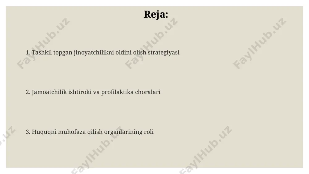 mohiyati tashkil topgan jinoyatchilikning mohiyati, 50 dan ortiq shaxsni o‘z ichiga olgan va 3 yildan ortiq davom etgan, xalqaro miqyosda giyohvand moddalar savdosi bilan shug‘ullanuvchi, masalan, meksika kartellari singari, keng tarmoqqa ega bo‘lgan jinoiy tuzilmalarni o‘z ichiga oladi. tashkil topgan jinoyatchilikning asosiy xususiyatlaridan biri, uning murakkab iyerarxik tuzilmasi va a’zolarning aniq rolga ega bo‘lishi hisoblanadi, masalan, 20 nafarga yaqin shaxsni o'z ichiga olgan, rossiya va qozog‘iston hududlarini qamrab olgan qurollar savdosi bilan shug‘ullanuvchi jinoyat tarmog'ining faoliyatini tahlil qilish orqali ko'rish mumkin o‘zbekistonning andijon viloyatida kuzatilgan tashkil topgan jinoyatchilikning bir turi sifatida 10 dan ziyod odam ishtirok etgan, pul yuvish va soxta hujjatlar tayyorlash bilan shug‘ullanadigan, 2021-yilda fosh etilgan jiddiy jinoyat guruhi misolini keltirish mumkin. jinoyatchilikni oldini olish bo'yicha dasturlar 2018-yilda toshkent shahrida amalga oshirilgan “yoshlarni jinoyatchilikdan himoya qilish” dasturi 15 yoshdan 25 yoshgacha bo'lgan 5000 nafar yoshning ishtirokini ta'minlab, jinoyatchilikka moyilligini 30% ga kamaytirdi. andijon viloyatida 2022-yilda joriy etilgan “mahalla” …