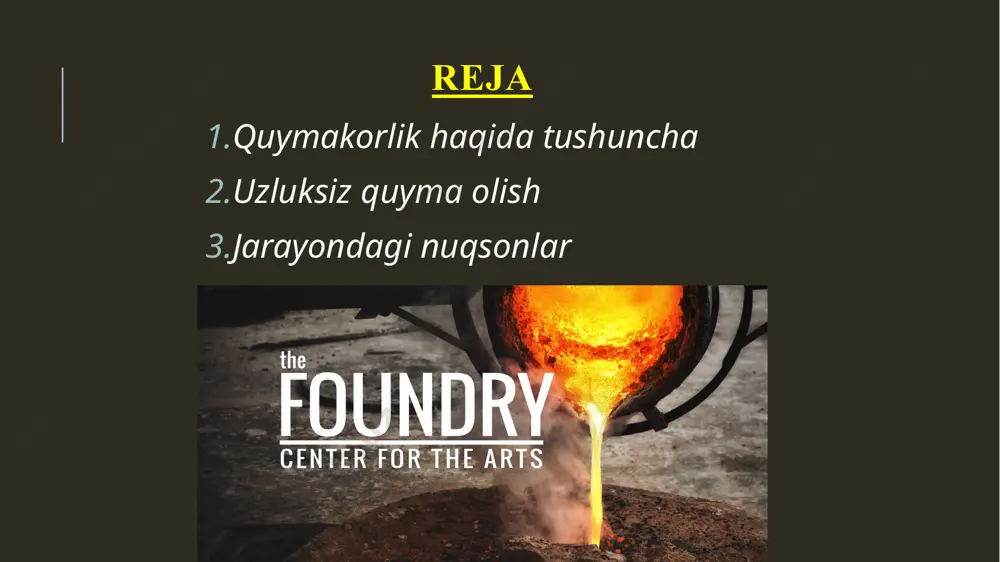 a va aniq bo’ladi. ayniqsa oson suyuqlanuvchi rangli qotishmalardan murakkab shakili, yupqa devorli, aniq o’lchamli quymalar olishda bu usuldan keng foydalaniladi. bosim ostida quyish mashinalari porshenli va kompresorli bo’lishi mumkin. porshenli mashinalarda suyuq metall qolipga porshen bosimi ostida, kompresorli mashinalarda esa siqilgan xavo bosimi ostida xaydaladi. suyuqlanuvchi model yordamida quyma olish bu usulda quyma olish uchun oson suyuqlanuvchi materialda parafin, stearin, mum va boshqalardan quymaning modeli tayoyrlanadi. buning uchun po’lat, bronza yoki lotundan model etaloni yasalib, bu etalonni oson suyuqlanuvchi qotishmaga botirish yo’li bilan pressqolip tayyorlanadi.ana shu pressqolip suyuqlantirilgan parafin, stearin bilan 3-6 atm bosim ostida to’ldirib juda aniq model xosil qilinadi. tayyorlangan bir necha model blok qilib yig’iladi va quyish sistemasiga tushiriladi. yig’ilgan modellar bloki suyuq shisha yoki gidrolizlangan etil silikati eritmasi (s2n5o4) bilan kvarts kukuni qorishmasiga 2-3 marta botirib olinadi. uzluksiz quyish usuli - xozirgi vaqtda eng imkoniyatli usuldir. suyuq po’lat kovshdan taqsimlash qurilmasiga, undan esa suv bilan …