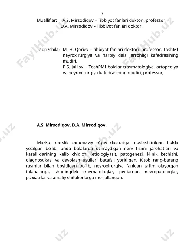 ilan bir qatorda nerv tizimining qisqacha anatomiyasi va fiziologiyasi haqida ham fikr yuritiladi. har bir mavzu to’grisida berilgan ma’lumotlar talabalarning mustaqil ravishda fanni o’zlashtirishlarida yetarli bo’ladi degan umiddamiz. bundan tashqari, ushbu darslik talabalarning bilimlarini neyroxirurgiya fanidan oshirishi bilan bir qatorda yana institutni bitirgandan keyin umumiy amaliy shifokor sifatida bemor bolalarga tibbiy yordamni o’z vaqtida yetarli darajada to’gri ko’rsatishlarida yordam beradi, deb o’ylaymiz. darslikda keltirilgan mavzularning to’liq ifodalanishi magistrlar uchun ham qo’l keladi. qo’lingizdagi darslikni tuzishda tegishli mavzularda yozilgan turli adabiyotlardan foydalanildi. keltirilgan fotosuratlar va chizmalardan ko’p qismi klinika materiallari hisoblanadi. ayrim fotosuratlar va shaklli tasvirlar boshqa mualliflarning adabiyotlaridan olindi. shu sababli ushbu darslik mualliflari ularga o’z minnatdorchiligini bildiradilar. respublikada neyroxirurgiya fani rivojlanishining qisqacha tarixi davlatimiz, o’zbekiston respublikasida neyroxirurgiyaning taraqqiy etishi ittifoq davridan boshlangan. asosan, 1920-yili toshkent shah​rida o’rta osiyo davlat universitetining ochilishi va shu universitet tar​kibida tibbiyot fakultetining tashkil topishi respublika xalqi uchun katta yutuq bo’ldi. o’sha vaqtdan boshlab respublika …
