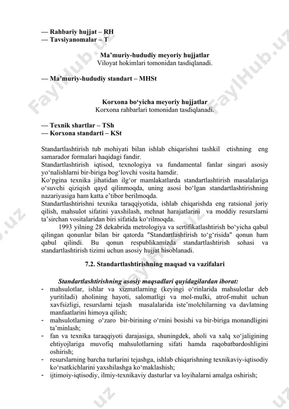 icha tosh va tarozilar ishlari bo‘yicha markaziy boshqarmaga aylantiriladi. · 1939 yilda ushbu boshqarma o‘zbekiston ssr ministrlar soveti qoshida tashkil etiladi va uning tarkibida standartlar va o‘lchov asboblari davlat nazorati respublika laboratoriyasi tuziladi va keyinchalik esa bu laboratoriya standartlashtirish va metrologiya o‘zbekiston markaziga aylantiriladi. · 1973 yilda o‘zbekiston ssr ministrlar soveti qoshidagi o‘lchov va o‘lchov asboblari boshqarmasi ssr gosstandarti qoshidagi o‘zbekiston respublikasi standartlashtirish boshqarmasiga aylantiriladi. · 1992 yilda o‘zbekiston respublikasi vazirlar maxkamasining №93 qaroriga asosan vazirlar maxkamasi qoshida o‘zbekiston respublikasi standartlashtirish, metrologiya va sertifikatlashtirish markazi qilib yangidan tashkil etiladi. 2002 yilda esa o‘zgosstandart o‘zbekiston standartlashtirish, metrologiya va sertifikatlashtirish agentligiga (“o‘zstandart” agentligi) aylantirildi. o‘zbekiston hududida yuritiladigan meyoriy hujjatlar “o‘zstandart” agentligi tomonidan tasdiqlanadi. — davlatlararo standart – gost — o‘zbekiston davlat standarti – o’z dst — umumdavlat klassifikatori – o’z dt — normalar va qoidalar -*) — o‘zbekiston rahbariy hujjati – o’z rh — tavsiyalar – o’z t tarmoqlar bo‘yicha yuritiladigan meyoriy …