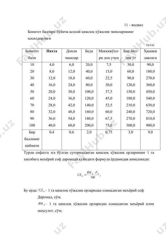 -дон мажмуасида меъёрий ялпи маҳсулот ҳисобини сод​далаштириш учун кадастр объектидаги экинларнинг умумий тарки​бидаги нисбатига қараб пахта бўйича ялпи маҳсулот қийматининг махсус ҳисобланган тузатма коэффициентларидан фойдаланиш мум​кин (12-жадвал). 12 - жадвал пахта бўйича ялпи маҳсулот қийматининг тузатма коэффициентлари пахта экинини ҳайдалма ерлар умумий майдонидаги нисбати умумий ҳайдалма ердан олинган пахта хом-ашёси қийматидан ялпи маҳсулот қийматининг тузатма коэффициентлари к 30 % к 40 % к 50 % к 60 % к 70 % 0,526 0,594 0,661 0,729 0,797 турлича сифатга эга бўлган ерлар учун қишлоқ хўжалиги иш​лаб чиқаришининг ҳисобланган фойда меъёри асосан ялпи маҳсулот қийматига нисбатан фоизларда хисоблаш йўли билан аниқланади. унинг қийматлари қуйидаги жадвалда келтирилган (13-жадвал). 13 - жадвал қишлоқ хўжалиги ишлаб чиқаришининг ҳисобланган фойда меъёри (%) бонитет бали фойда меъёри бонитет бали фойда меъёри 10 20 30 40 50 - 6,0 9,0 12,0 15,0 60 70 80 90 100 18,0 21,0 24,0 27,0 30,0 бир гектар суғориладиган ернинг меъёрий баҳоси …