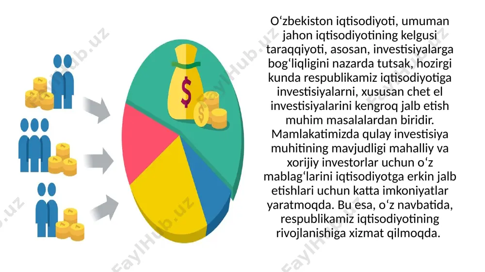 stitsiyalar aniq va noaniq, lekin ehtimoli bor risklar ostida kapitalni muayyan jarayonlarga, muayyan vaqtga bog‘lash bo‘lib, uning hozirgi qiymatini saqlash, kapitallashtirish va jamg‘arish maqsadiga qaratiladi” bu borada, а.r.karamisheva tomonidan olib borilgan tadqiqotlarda zamonaviy iqtisodiy munosabatlarning globallashuvi sharoitida investitsiyalarning milliy iqtisodiyot rivojlanishidagi ahamiyati, mohiyati ular tomonidan amalga oshiriladigan qator funksiyalar orqali ifodalangan. iqtisodchi olimning fikriga ko‘ra, “makro darajada investitsiyalarning quyidagi funksiyalarini ajratib ko‘rsatish mumkin: ● ishlab chiqarish va noishlab chiqarish sohalarida asosiy fondlarni oddiy va kengaytirilgan takror ishlab chiqarish jarayoni; ● aylanma mablag‘larni taʼminlash va to‘ldirish jarayoni; ● moliyaviy aktivlarni sotib olish va sotish orqali kapitalni bir hududdan ikkinchi hududga o‘tkazish; ● kapitalni mulkdorlar o‘rtasida ulushlarni olish va boshqa korxonalarning aktivlariga investitsiya kiritish yo‘li bilan qayta taqsimlash” milliy iqtisodiyotni rivojlantirishda investitsiyalarning roli va ahamiyati” nomi sharipov kongiratbay avezimbetovich, zaynutdinova umida djalolovnalarning maqolasida quyidagi diogramma keltirilgan: investitsiyalar korxonalarni rivojlantirish, mamlakat iqtisodiy o‘sishini taʼminlashning bosh omillaridan biridir. investitsiyalar deganda yangi ishlab chiqarishlarni tashkil …