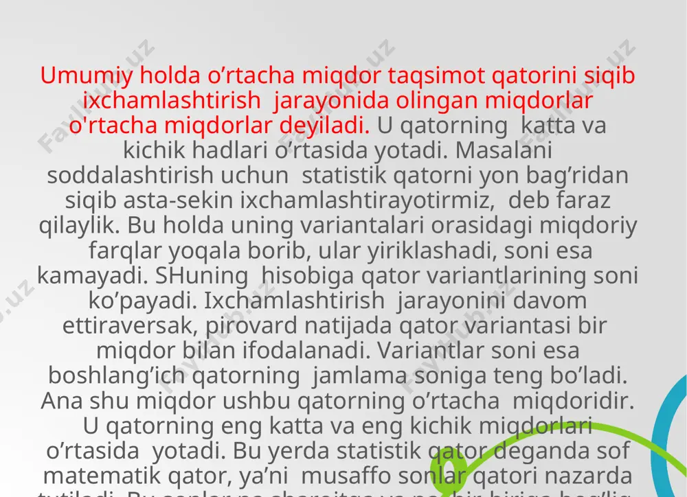 rni aniqlash yo’li bilan, shuningdek nisbiy miqdorlar asosida ham hisoblanishi mumkin. buning uchun dastlab har bir oraliqli guruh uchun uning quyi va yuqori chegaralari yig’indisining yarmiga teng qilib guruhiy o’rtachalar hisoblanadi, so’ngra umuman qator uchun umumiy o’rtacha aniqlanadi. nisbiy miqdorlar qatori uchun o’rtachani aniqlash masalasiga kelsak, u holda o’rtacha miqdor mazmunan o’rtalashtirilayotgan nisbiy miqdorlar singari mantiqiy tuzilishga ega deb qaralgandagina bu masala to’g’ri yechilishi mumkin. arifmetik o’rtacha bir qator xususiyatlarga ega: belgining ayrim miqdorlari (qator variantalarining ayrim qiymatlari) bilan ularning arifmetik o’rtacha darajalari o’rtasidagi farqlar yig’indisi doimo 0 ga teng. belgining ayrim miqdorlari bilan ularning arifmetik o’rtachasi orasidagi farqlarning kvadratlari yig’indisi minimal qiymatga ega. agar belgining har bir qiymatini o’zgarmas ixtiyoriy songa bo’linsa (yoki ko’paytirilsa), u holda arifmetik o’rtacha qiymati shu son marta kamayadi (yoki ko’payadi). agar belgining har bir qiymatidan o’zgarmas ixtiyoriy son ayrilsa, yoki qo’shilsa, u holda arifmetik o’rtacha qiymati ham shu songa kamayadi yoki ko’payadi. agar o’rtacha …