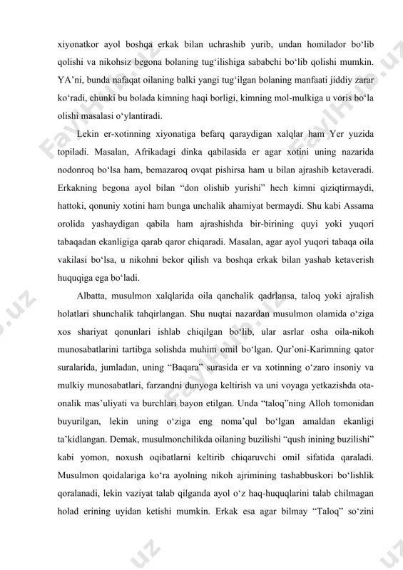 loq”ning alloh tomonidan buyurilgan, lekin uning o‘ziga eng noma’qul bo‘lgan amaldan ekanligi ta’kidlangan. demak, musulmonchilikda oilaning buzilishi “qush inining buzilishi” kabi yomon, noxush oqibatlarni keltirib chiqaruvchi omil sifatida qaraladi. musulmon qoidalariga ko‘ra ayolning nikoh ajrimining tashabbuskori bo‘lishlik qoralanadi, lekin vaziyat talab qilganda ayol o‘z haq-huquqlarini talab chilmagan holad erining uyidan ketishi mumkin. erkak esa agar bilmay “taloq” so‘zini ishlatib qo‘ygan bo‘lsa, o‘z ayoliga qayta uchinichi martagacha uylanishi mumkin, lekin uch martadan keyin uning yana uylanishi qat’iyat man etiladi. tabiiy, hozirgi sharoitda huquqiy davlat qurish sharoitida bunday shar’iy qoidalarga emas, amaldagi qonunlarga ko‘ra ajrim holatlarini muvofiqlashtiriladi. uning qoidalari o‘zbekiston respublikasining “oila kodeksi”ning “nikohning tugatilishi” deb nomlangan 7 bobning 37-48 moddalri hamda “nikohdan ajralishni qayd etish” deb nomlangan 26 bobning 218-222 moddalari bilan tartibga solingan. rossiyada o‘tkazilgan oxirgi tadqiqotlarda nikoh ajrimlarining asosiy sabalari sifatida quyidagilar qayd etilmoqda(turli yoshli so‘raluvchilarning jami soniga nisbatan foiz hisobida): moddiy, maishiy muammolar – 55; er yoki xotinning …