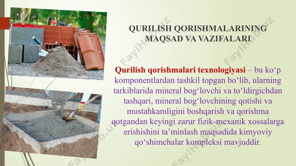 9-2003 da quruq qurilish qorishmalarining klassifikatsiyasi belgilab qо‘yilgan. unga kо‘ra quruq qurilish qorishmalari asosiy vazifasi, foydalanilayotgan bog‘lovchisining turi va tо‘ldiruvchisining eng yirik о‘lchamiga qarab sinflarga bо‘linadi. asosiy vazifasiga kо‘ra ular: tekislovchi; pardozlovchi; pol uchun; ta’mirlash uchun; himoyalovchi; terish uchun; montaj uchun; dekorativ; gidroizolyatsiya uchun; issiqlik izolyatsiyasi uchun; gruntlash uchun kabi asosiy turlarga bо‘linadi. aniq nisbatlarda obdon tanlab olingan mineral bog‘lovchi moddalar, suv, yirik va mayda to‘ldiruvchilar (zarur hollarda maxsus qo‘shilmalar) aralashmasining qotishi natijasida hosil bo‘ladigan sun’iy toshga beton deyiladi. ushbu komponentlarning quyuq holatdagi aralashmasi u qotib boshlagunga qadar beton qorishmasi deb ataladi. betonning yoki beton qorishmasining ayrim xossalarini yaxshilash, tannarxini kamaytirish va sifatini oshirish maqsadida tayyorlash jarayonida unga maxsus qo‘shilmalar ham qo‘shiladi. hozirgi paytda qurilishda betonning turli xillari ishlatilmoqda va unga bo‘lgan talab yildan-yilga oshib bormoqda. betonning turlari va xillarini ajratish uchun ularni sinflash orqali tartibga solish maqsadga muvofiqdir. qo‘yiladigan talablarni barchasiga javob beradigan qorishmani olish uchun qorishma tarkibini to‘g‘ri …