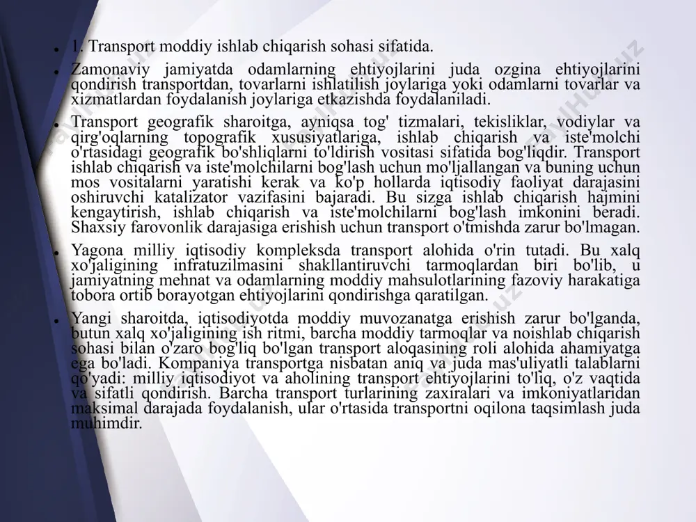r munosabatlariga o'tish davrida transportni ratsionalizatsiya qilishning roli sezilarli darajada oshmoqda. bir tomondan, korxonaning samaradorligi bozorda uning hayotiyligi bilan bevosita bog'liq bo'lgan transport omiliga bog'liq bo'lsa, boshqa tomondan, bozorning o'zi tovarlar va xizmatlar almashinuvini nazarda tutadi, shuning uchun bozorning o'zi mumkin emas. shuning uchun transport bozor infratuzilmasining ajralmas qismidir. transport turlari va ularning tasnifi. rossiya federatsiyasida transportning asosiy turlari temir yo'l, avtomobil, aviatsiya, quvur liniyasi, dengiz va daryo. ushbu transport turlarining har biri rossiyaning transport tizimida o'zining texnik va iqtisodiy xususiyatlariga, yuk ko'tarish qobiliyatiga, geografik va rivojlanish tarixiy xususiyatlariga muvofiq muayyan vazifani bajaradi. rossiyada temir yo'l transporti yuklarning katta miqdordagi kontsentratsiyasi bo'lgan yuklarni o'rta va uzoq masofalarga tashishda, shuningdek o'rta masofalar va shahar atrofi transportida yo'lovchilarni tashishda eng samarali hisoblanadi. avtomobil transporti temir yo'llar bilan ommaviy tumanlararo yuk tashishda raqobatlasha olmaydi, birinchi navbatda uning o'ziga xos energiya iste'moli va transport xarajatlari, transportning uzoq masofasi va yuqori texnik darajadagi zamonaviy magistral …