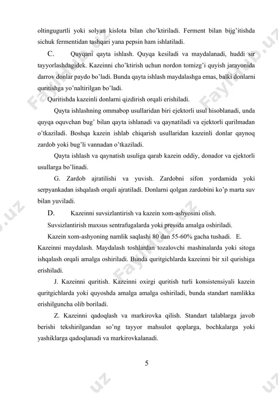 aterial qatlamiga ketma – ket almashtirib berish) va hakozo. qattiq va pastasimon materiallarni suvsizlantirish yo’li bilan ularga zarur xossalar berish, transport vositalarida uzatish va uzoq muddat davomida saqlash imkoniyatini beradi. suvsizlantirishni quyidagi usullarda amalga oshirish mumkin: · mehanik (siqish, cho’ktirish, filtrlash, sentrafugalash va h.); · fizik – kimyoviy (suvni o’ziga tortib oluvchi moddalar yordamida, masalan, kalsiy xlorid, sulfat kislota va h.); · issiqlik ta’sirida suvsizlantirish ya’ni quritish. lekin, yuqorida qayd etilgan usullardan eng samaralisi, issiqlik ta’sirida suvsizlantirish, ya’ni quritishdir. chunki, quritish jarayonida to’liq suvsizlantirishga erishsa bo’ladi. qattiq va pastasimon materiallar tarkibidagi namlikni bug’latish va hosil bo’layotgan bug’larni chetga olish chiqishga quritish jarayoni deyiladi. nam materiallarni issiqlik yordamida quritish oziq – ovqat sanoatida eng keng tarqalgan usul. ushbu usul kimyoviy, oziq – ovqat va bir qator boshqa texnologiyalarda ishlatiladi. material tarkibidagi namlik dastavval arzon, mehanik (masalan filtrlash) usulda, yakuniy, to’la suvsizlantirish esa – quritish usulida olib boriladi. suvsizlantirishning bunday kombinatsiyalashgan usuli …