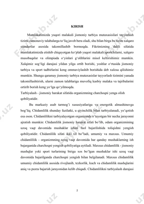 ay mushaklarning ish bajarganida charchoqni yengish qobiliyatiga aytiladi. maxsus chidamlilik - jismoniy mashqlar yoki sport turlarining biriga xos bo’lgan mushaklar ishi uzoq vaqt davomida bajarilganda charchoqni yengish bilan belgilanadi. maxsus chidamlilik umumiy chidamlilik asosida rivojlanib, tezkorlik, kuch va chidamlilik mashqlarini aniq va puxta bajarish jarayonidan kelib chiqadi. chidamlilikni tarbiyalash darajasi avvalambor yurak tomirlari, nafas olish, mushak va asab tarmoqlari, buyrakda qonning glikogenni tez va foydali parchalanishi, funksional imkoniyatining oshishi biläh ifodalanadi. chidamlilik shunday fazilatki, u qiyinchilik bilan tarbiyalanadi, yo’qotish esa oson. chidamlilikni tarbiyalayotgan organizmda o’tayotgan bir necha jarayonni ajratish mumkin: chidamlilik jismoniy harakat sifati bo’lib, odam organizmining uzoq vaqt davomida mushaklar ishini faol bajarilishida toliqishni yengish qobiliyatidir. kurs ishining maqsadi: chidamlilik sifati ikki xil bo‟ladi, umumiy va maxsus. umumiy chidamliliik - organizmning uzoq vaqt davomida har qanday mushaklarning ish bajarganida charchoqni yengish qobiliyatiga aytiladi. maxsus chidamlilik - jismoniy mashqlar yoki sport turlarining biriga xos bo’lgan mushaklar ishi uzoq vaqt davomida …