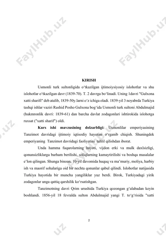 attiq qarshilik koʻrsatishgan. tanzimotning davri qrim urushida turkiya qozongan gʻalabadan keyin boshlandi. 1856-yil 18 fevralda sulton abdulmajid yangi t. toʻgʻrisida "xatti humoyun" eʼlon qilib, turkiya sanoati va qishloq xoʻjaligi.ni gʻarbiy yevropa mamlakatlari uchun ochiqligini bildirdi. musulmon boʻlmagan xorijiy sarmoyadorlarga maʼlum huquqlar berildi. bu qonunlar, bir tomondan, sultonlikda davlat boshqaruvi, sud va maʼmuriy ishlarni tartibga keltirdi. turkiyada yangi adabiyot, sanʼat, ilmfan. maorif taraqqiy topa boshladi, milliy ziyolilar paydo boʻddi. ular orasidan keyinchalik yangi usmonlilar deb ataluvchi konstitutsion monarxiya tarafdorlari va yosh turklar oʻsib chiqdi. tomondan, turkiyada xorij kapitali taʼsirining oshishiga, uning gʻarb davlatlariga astasekin qaram boʻlib qolishiga zamin tayyorladi. t. yangi sulton abdulhamid ii (hukmronlik davri: 1876-1909) tomonidan bekor qilindi va turkiyada istibdod ("zulm") davri boshlandi. 1839 yildan 1870 yilgacha adabiyotda qabul qilingan o'zgarishlarning nomi. tanzimatga oxirida vujudga kelgan portiy inqirozi sabab boʻldi xviii asr, mamlakatning iqtisodiy va siyosiy tanazzulga uchrashi, urushlardagi mag'lubiyat, feodallarning separatizmi, ommaning noroziligi va ularning qo'zg'olonlari. butun …