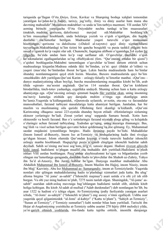 ab tilidagi adabiyot faqatgina arablar emas, balki ko’pgina xalqlar namoyandalari tomonidan yaratilgan o’lmas yodgorlik bo’lib, u o’z taraqqiyotida uzoq va murakkab yo’lni bosib o’tdi. abbosiy xalifalar /750-1258/ davrida, ayniqsa dastlabki, uch asrda fan va adabiyot, shuningdek, tarixnavislik ham ravnaq topdi. xalifalikning poytaxti bag’dod shahri adabiyot va ilmiy tafakkurning markazlaridan biriga aylanib, arab tili esa ilm va fan ahllari uchun asosiy vosita rolini o’ynadi.chunonchi, g.n.sharbatov ta’kidlaganidek, “arablar hamda madaniyat va ilmu fanda arab tilini xalqaro til tariqasida qo’llagan o’rta osiyo, eron, kavkaz va sharqning boshqa xalqlari tomonidan yaratilgan ko’pdan-ko’p badiiy, tarixiy, jug’rofiy, ilmiy va diniy asarlar ham mana shu davrning mahsulidir”.musulmon maktablari va unda ta’lim-tarbiya mazmuni. vii asrdan xiv asrning birinchi yarmigacha o’rta osiyodabir nechta turdagi ta’lim muassasalari (maktab, madrasa, qorixona, daloilxona) mavjud edi.maktablar boshlang’ich ta’lim muassasasi hisoblanib, unda bolalarga yozish va o’qish o’rgatilgan, din haqida dastlabki ma’lumotlar berilgan. madrasalar yuqori turuvchi o’quv muassasasi hisoblangan, qorixona va daloilxona («daloil al-xayrot») quyi …