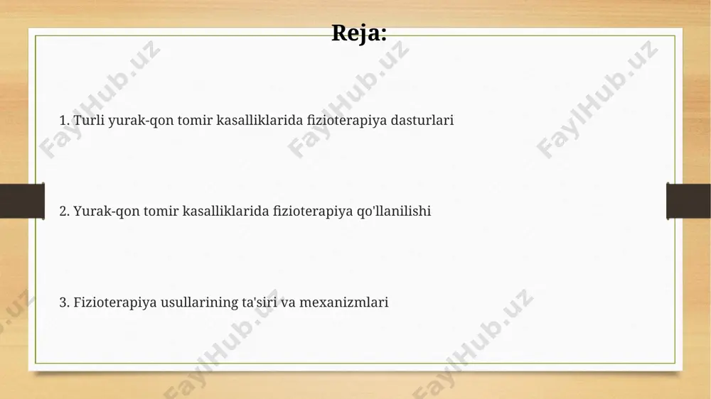 ab, 12-16 hafta davomida 3 marta haftada, 30-45 daqiqalik mashg’ulotlardan iborat bo‘lishi mumkin. to‘g‘ri bajarilgan harakat mashqlari natijasida, toshkentdagi tadqiqotlar shuni ko‘rsatdiki, 60-70% bemorlarda qon bosimi 10-15 mm hg ga pasayadi va umumiy sog‘liq holati yaxshilanadi. rehabilitatsiya dasturlari samarqanddagi reabilitatsiya markazlarida o'tkazilgan tadqiqotlar shuni ko'rsatdiki, 3 oylik dasturdan so'ng, bemorlarning 75% da nafas qisishi va ko'krak og'rig'i sezilarli darajada kamaygan. fizioterapiya usullarini qo'llagan holda, 12 haftalik reabilitatsiya dasturi natijasida andijondagi bemorlarda qon bosimini 10-15 mm hg ga pasaytirish kuzatildi. yurak-qon tomir kasalliklari reabilitatsiyasi dasturlari, masalan, 6-haftalik dastur, toshkentdagi kardiologiya markazlarida bemorlarning yurak mushaklari faoliyatini 20% ga oshirishga yordam beradi. qon tomir kasalliklarida fizioterapiya o'zbekistondagi reabilitatsiya markazlarida 2-3 hafta davom etadigan kompleks fizioterapiya dasturlari, miokard infarktidan keyin bemorlarning jismoniy faolligini 80% ga oshirishga yordam beradi. yurak yetishmovchiligi bilan og'rigan 65 yoshdan oshgan 100 bemorda o'tkazilgan tadqiqotlar, toshkentdagi kardiologiya markazida fizioterapiya mashg'ulotlarining qon aylanishini 15% ga yaxshilashini ko'rsatdi. surunkali yurak yetishmovchiligi bo'lgan …