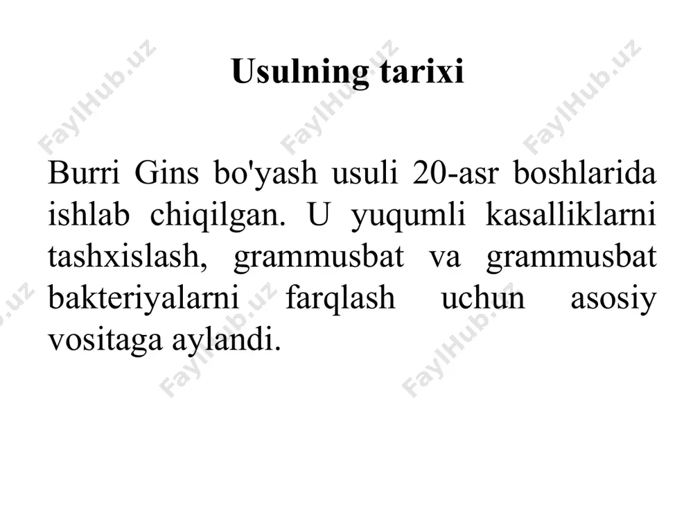 (odatda 30-60 soniya) yumshoq bo'yaladi (masalan, kristalli binafsha yoki metilen ko'k). kapsulani bo'yashga yo'l qo'ymaslik uchun kuchli rang berishdan saqlaning. suv bilan yuvib tashlang. salbiy bo'yash: bo'yalgan bakteriyalarga bir tomchi salbiy dog' (burri siyoh yoki nigrosin) qo'shiladi. ikkinchi slayddan (45 daraja burchak ostida) foydalanib, qon smearini tayyorlashga o'xshash nozik smear tayyorlanadi. burri-gins usulining afzalliklari: bajarish oson. isitishni talab qilmaydi, bu sizga kapsulaning tuzilishini saqlab qolish imkonini beradi. kapsulani tabiiy shaklda tasavvur qilish imkonini beradi. burri-gins usulining cheklovlari: surtmani tayyorlash uchun ishlatiladigan texnika kapsulaning ko'rinishiga ta'sir qilishi mumkin. juda qalin smeta ko'rish maydonini to'sib qo'yishi mumkin, juda nozik smeta esa kapsulaning yorilishiga olib kelishi mumkin. ba'zi bakteriyalar juda nozik yoki yomon aniqlangan kapsulalar hosil qiladi, ularni ko'rish qiyin. usul kapsulaning kimyoviy tarkibini aniqlashga imkon bermaydi. xulosa burri-gins usuli bakteriyalarda kapsula mavjudligini aniqlash uchun foydali va oddiy usuldir. mikrobiologiya laboratoriyalarida bakteriyalarni aniqlash va ularning patogen xususiyatlarini o'rganish uchun keng qo'llaniladi. shuni yodda …