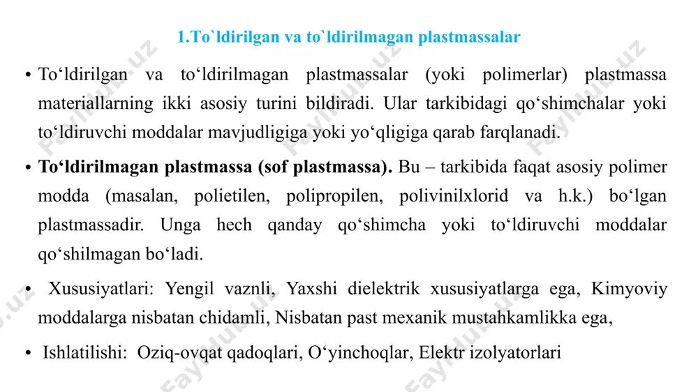 gips, kaolin, kvars uni, qum, asbest, paxta chiqindilari, shisha tolalari, gazlama bo‘laklari, qog‘oz, yog‘och qirindilari qo‘llaniladi. to‘ldirgich miqdori 60% dan ortib ketsa, plastmassaning puxtaligi keskin kamayadi. to‘ldirgichlar - qattiq, suyuq va gazsimon bo‘lishi mumkin. amalda ko‘proq qattiq kukunsimon organik yoki noorganik to‘ldirgichlar qo‘llaniladi. to‘ldirgichlarni kiritishdan maqsad, materialni fizik-mexanik va texnologik xossalarini o‘zgartirish, materialning hajmini ko‘paytirish, yana tannarxini arzonlashtirish hamda, to‘ldirgichlar materialni rangini o‘zgartirshga olib keladi. keng tarqalgan ko‘chaytiruvchi to‘ldirgichlarga texnik uglerod kiradi (qurum, qorakuya). texnik uglerodni-rezina qorishmasiga kiritilsa, uning mustahkamligi oshadi, ishqalanishga qarshiligi oshadi. 2.polimer plastifikatorlar va ularning vazifasi plastifikatorlar (yunoncha: plastos – plastik va lot. facio – qilaman) – polimerlarning plastiklik va elastiklik holatini yaxshilovchi organik birikmalar. plastifikatorlar polimerlarning sovuqqa chidamliligini oshiradi va ishlov berilishini yaxshilaydi. plastifikatorlar kimyoviy jihatdan barqaror, suvda erimaydigan, issiq va nurga bardoshli hamda zaharsiz boʻlishi kerak. kimyoviy tuzilishiga qarab quyidagi asosiy turlarga boʻlinadi: ftalatlar – ortoftalat kislotaning efirlari. polimerlarning sovuqqa chidamliligini oshiradi va dielektriklik xossasini …