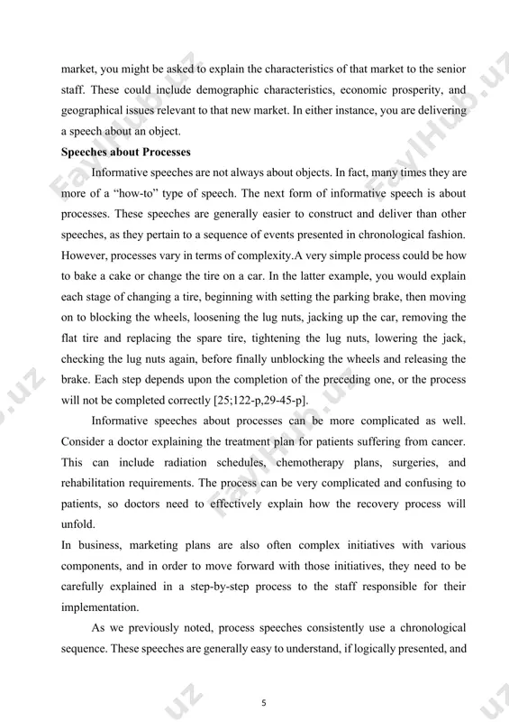 uild upon one another. first, there is the research process of finding a job for which you wish to apply, after which you must prepare an application letter. with the letter, you must also prepare and submit a resume. in this presentation, you need to make sure the audience understands how each step relates and connects to the next [14;185-p]. by explaining the connections between main points, you do more than list things or provide directions to the audience. in essence, you are explaining the complexities of the process. informative speeches about processes are more than recipes and lists of stages. they are explanations of each step, and the dos and don’ts that come with each stage of the process. take the time to explain the process and each of its steps to ensure that the audience understands it all. speeches about events the third type of informative speech includes …