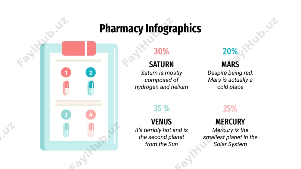 75 % pharmacy infographics venus venus is the second planet from the sun 1 mars despite being red, mars is a cold place 2 mercury mercury is the closest planet to the sun 3 saturn saturn is a gas giant and the ringed one 4 pharmacy infographics mercury 25 % 01 venus 50 % 02 mars 75 % 03 pharmacy infographics venus venus is the second planet from the sun mars despite being red, mars is a cold place mercury it’s the closest planet to the sun effectiveness 60 % 30 % 10 % instructions for use in order to use this template, you must credit slidesgo and freepik in your final presentation and include links to both websites. you are allowed to: - modify this template. - use it for both personal and commercial projects. you are not allowed to: - sublicense, sell or rent any of slidesgo content …