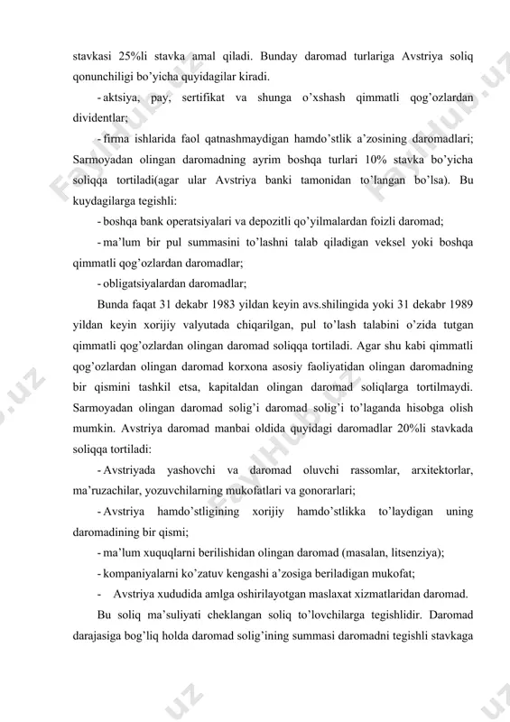 romadni tegishli stavkaga ko’paytirib korrektirlovchi summani ayirish bilan aniqlanadi. taxminan yiliga 0,8ga teng har kvrtalda – 15 fevral, 15 may, 15 avgust va 15 noyabrda o’tkaziladi. qiymati 200000 avs.shilingidan oshgan, xech nima qurilmagan er uchastkalari (ishlab chiqarish foydalanilayotgan er uchastkalari ham kiradi) er solig’i obekti bo’lib hisoblanadi. bu stavka soliqqa tortilmaydigan minimum 200 000 avs.shilingidan oshgan summaga- 1% er solig’i ham kvartalda to’lanadi. sovg’a va vorislikka soliq biror odam vafot etganda va sovg’a qilish akti sodir bo’lganda o’tadigan mulk tortiladi. soliqning stavkasi meros (sovg’a) xajmiga meros qoldiruchi (sovg’a qiluvchi) bilan voris (sovg’a oluvchi) o’rtasidagi qarindoshlik aloqalariga bog’liq. bu soliq va yig’imlardan tashqari, avstriyada aktsizlar (neft yoki tamaki mahsulotlariga), mulk sotib olganlik uchun yig’im (masalan, avtomobil, mototsikl sotib olganda), gerb va notarial yig’imlar (masalan, kredit va qarz kelishuvlari 0,8% va 1,5% stavka bo’yicha soliqqa tortiladi) va sud yig’imlari mavjud. ko’p hollarda xo’jalik faoliyatini samarali tashkil qilish uchun xususiy firmalar va hamdo’stlik …