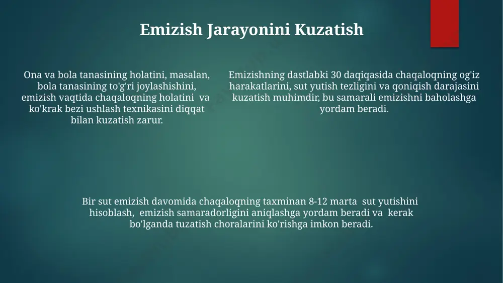 k. ko'krak suti yetarliligini aniqlashda chaqaloqning kunlik siydik miqdori (6-8 martadan kam bo'lmasa) va najas soni (har kuni yoki har 2 kunda) muhim ko'rsatkichlar hisoblanadi. ko'krak suti yetarliligini aniqlashda chaqaloqning kunlik siydik miqdori (6-8 martadan kam bo'lmasa) va najas soni (har kuni yoki har 2 kunda) muhim ko'rsatkichlar hisoblanadi. bola to'g'ri emizishini aniqlash emizishdan keyin bola qorni to'q bo'lib, taxminan 1,5-2 soat tinch uxlashi kerak. agar bola tez-tez uyg'onib, bezovta bo'lsa, bu emizishning yetarli emasligini bildirishi mumkin. bola emish jarayonida yonoqlari yumaloq bo'lishi va tinch, ritmik harakatlar qilishi lozim. agar yonoqlari ichkariga tortilgan bo'lsa, bu noto'g'ri tutunishni va sut yetishmasligini ko'rsatadi. bola og'izini to'liq ochishi va pastki lablari tashqarida, areola (ko'krak uchida qorong'i qism)ni qamrab olishi kerak, aks holda sut yetarli darajada oqmaydi va emizish samaradorligi 30% ga kamayishi mumkin. ko'krak uchini himoya qilish agar ko'krak uchi yorilib, qonab qolsa, har bir emizishdan keyin uni toza suv bilan yuvib, havo …