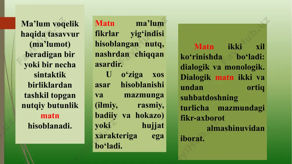 ahlilida quyidagi masalalarga alohida e’tibor berilishi lozim: 13 1. matn tahlilida tasvirlangan voqelik va shu voqelikka muallifning munosabati aniqlanadi. masalan: alisher navoiyning “farhod va shirin” dostonida olijanob fazilatlarini ulug‘lash, adolat va xalqparvarlik, do‘stlik va qahramonlik, muhabbat erkinligi va unga sadoqati asarni g‘oyaviy mazmunini tashkil qiladi. asarda xisrav, yosumon kabi yovuz kuchlar bilan farhod, shirin, mehnbonular o‘rtasidagi kurash ko‘rsatiladi. shoir farhod, mehnbonu, shirinlarning barcha harakatlariga xayrixohlik bildiradi. shohni adolatli bo‘lishiga undash g‘oyasini ilgari suradi. akademik yozuv 1 14 1. tahlilda asarning mazmuniga ham shakliga ham e’tibor berish va mazmunning yetakchi rolini ta’kidlab o‘tish zarur. 2. matn tahlilida tahlilning yuqoridagi u yoki bu turidan foydalaniladi. 3. matnni sharhlash so‘z va so‘z shakllari badiiy tasvir vositlarining asar g‘oyaviy va estetik mazmunini oshirishdagi roli izohlanadi. matnni sharxlashda lingvistik aspekt asosiy o‘rinni egallaydi. u traditsion adabiiy tahlilda ham yetakchi sanaladi, chunki u matnning estetik strukturasi va badiiy tasvir vositlarini o‘rganishga ko‘maklashadi. akademik yozuv 1 15 …