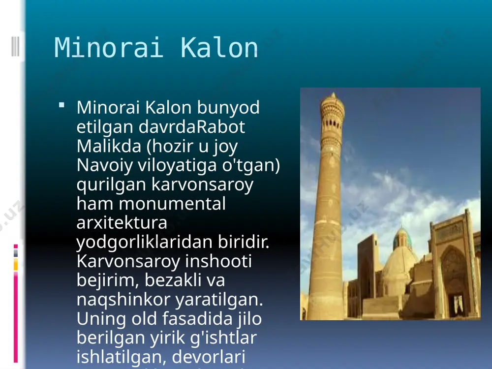 an kelib chiqqan edi, u shaharda o’z faoliyatini boshlagan. islomda eng muqaddas shaxslardan biri shayx bahovaddin naqshband, so’filar ta’limotining asoschisi, buxorolik misgar edi. shayxning go’rini ziyorat qilish makkaga borib bajarilgan haj marosimiga tenglashtirilar edi. bahovaddin naqshbandning maqbarasi hozir ham shaharning eng muqaddas joyi deb hisoblanadi. foydalanilgan adabiyotlar ro‘yhati: b. a. ahmedov. o’zbekiston tarixi manbalari. - toshkent: “o’qituvchi”. 2001. t. s. saidqulov. o’rta osiyo xalqlari tarixining tarixnavisligidan lavhalar. - toshkent: “o’qituvchi”. 1993. –b. -. narshaxiy. buxoro tarixi. t., 1993. i.k.nazarov, i.sh.allayorov. buxoro geografiney. buxoro.,' 1994.' arrina. poxod aleksandra. m., 1962. a.r.muhammadjonov. quyi zarafshon vodiysining sug`orilish tarixi. t., 1972. «avesto» kitobi — tariximiz va ma’naviyatimiz— ning ilk yozma manbai (ilmiy seminar materiallari). toshkent., 2000. a.r.muhammadjonov. buxoro shahri 2500 yoshda. t., 1998 yil. image2.jpeg image3.jpeg image4.jpeg image5.jpeg image6.jpeg image7.jpeg image8.jpeg image9.jpeg