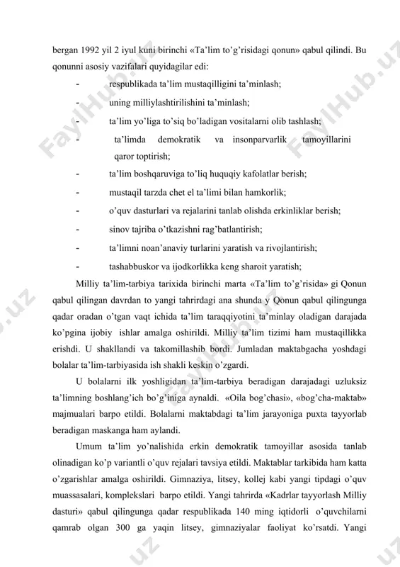 a «kadrlar tayyorlash milliy dasturi» qabul qilingunga qadar respublikada 140 ming iqtidorli o’quvchilarni qamrab olgan 300 ga yaqin litsey, gimnaziyalar faoliyat ko’rsatdi. yangi tipdagi o’quv muassasalari oliy o’quv yurtlari bazasida ham tashkil etila boshladi. ta’lim muassasalarining rivojlangan mamlakatlar bilan hamkorlik aloqalarini yo’lga qo’yish bo’yicha ham imkoniyatlar ochildi. bmt, yunesko kabi xalqaro tashkilotlar bu borada bizni keng tarzda qo’llab-quvvatladilar. ta’lim bo’yicha aqsh, turkiya, germaniya, yaponiya, angliya, fransiya, gollandiya davlatlari elchixonalari, davlat va nodavlat tashkilotlari bilan ta’lim sohasida hamkorlik aloqalari o’rnatildi. natijada keyingi yillarda 3000 ga yaqin o’quvchilar xorijda ta’lim oldilar, 1000 dan ortiq o’qituvchilar xorijiy davlatlarda malaka oshirib qaytdilar. 1996 yildan boshlab yangi lotin imlosiga asoslangan o’zbek alifbosi joriy etildi va shu yildan boshlab dastur, darsliklar yaratishga kirisxildi. shu yili 100 ming o’qituvchi yangi alifbo bo’yicha qayta tayyorlashdan o’tkazildi. xalq ta’limi xodimlarini ijtimoiy himoyalash, turmush tarzini yaxsxilash maqsadida prezidentimizning o’ndan ortiq farmonlari qabul qilindi. biznes maktablari ochildi va fermer, soliq, bojxona …