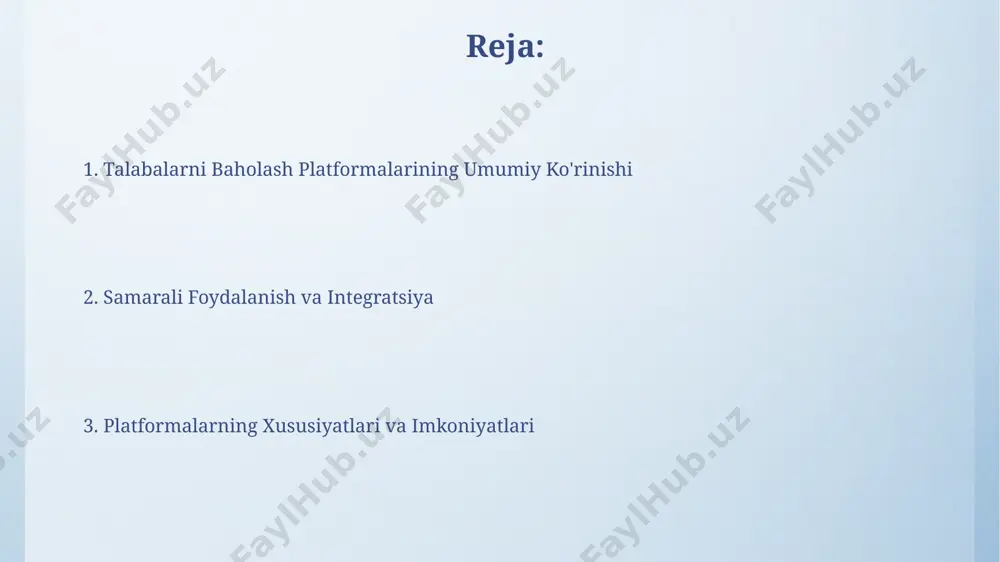 sh va natijalarni statistik tahlil qilish orqali ob'ektivlikni ta'minlash tavsiya etiladi. talabalarga o'z-o'zini baholash imkoniyatini beruvchi funksiyalarni qo'shish, masalan, 5 ball shkalasi bo'yicha o'z ishlarini baholash, o'quv jarayoniga faol ishtirok etishni oshiradi. afzalliklari va kamchiliklari talabalarni baholash platformalari o'qituvchilarga 200 dan ortiq talabaning ishlarini avtomatlashtirilgan tarzda tezkor tekshirish imkoniyatini beradi, bu vaqtni tejashga va samaradorlikni oshirishga yordam beradi. onlayn baholash platformalarining ishlashi internetga bog'liq bo'lib, internet aloqasi uzilishi baholash jarayoniga to'sqinlik qilishi mumkin, bu esa 5% gacha o'quvchilarning ishlarini kechiktirishi mumkin. integratsiya va qo'llanilishi platformalarning ko'pchiligi lms (learning management system) tizimlari bilan mukammal integratsiyalanadi, bu esa o'quv jarayonini avtomatlashtirish va baholash natijalarini o'quvchi hisobotlariga avtomatik ravishda qo'shish imkonini beradi. ba'zi platformalar 1000 dan ortiq talaba ma'lumotlarini xavfsiz saqlash va tahlil qilish imkoniyatini beradi, bu esa o'qituvchilarga samaraliroq pedagogik qarorlar qabul qilishga yordam beradi. e'tiboringiz uchun rahmat @taqdimot_robot image4.png image5.jpg image6.jpg image7.jpg image8.jpg image9.jpg image10.jpg image11.jpg image3.jpeg