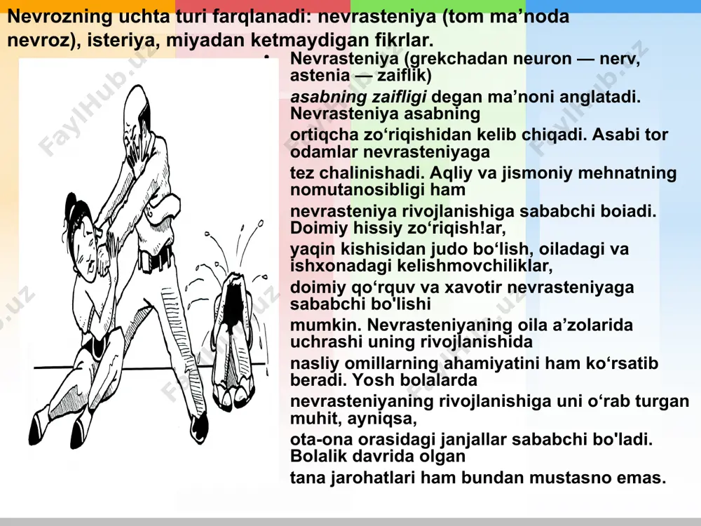 mumkin. isterik shaxslarda uchrab turadigan yana bir sindrom — bu ganzer sindromidir. u odatda, o‘tkir rivojlanadi, ruhiy shikastdan so‘ng to‘satdan boshlanadi. uning asosiy xususiyati — bemorning aql bovar qilmaydigan tuturuqsiz harakatlaridir. ular eng oddiy savollarga tuturuqsiz javob berishadi. masalan, ikki karra ikki necha bo'ladi deb so‘ralsa, bemor oliy ma’lumotli bo‘lishiga qaramay, ≪besh≫ deb javob beradi yoki qo‘lda nechta barmoq bor desa, xohlagan sonni aytadi. ruhiy jarohat g‘oyat kuchli bo‘lganda isterik stupor rivojlanishi mumkin. bunday paytlarda bemor tamomila harakatsiz bo‘lib qoladi, indamaydi va atrofga befarq bomadi, yuzida aziyat chekkan ifoda paydo bo‘ladi. bu holat bir necha soat yoki kun davomida o‘tib ketishi mumkin. davolash muolajalari o ‘tkazilmasa, bir necha oylab davom etadi. puerilizm — bolalar xatti-harakatini eslatuvchi liolat bo‘lib, yoshi kattalarda kuzatiladi. ular bolalarga xos bo‘lgan qiliqlar ko‘rsatadi, boladek ingichka tovush chiqarib gapiradi, ko‘zlarini katta-katta ochadi, kipriklarini pirpiratadi, birov gapirganda, og‘zini ochib turadi. bemor shu qilig‘i bilan boshqalarning diqqatini o‘ziga jalb …