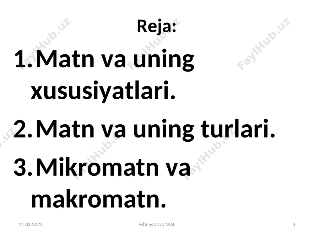deyilganda keng ko‘lamdagi voqealarni yoritish ehtiyoji bilan yuzaga kelgan butunlik nazarda tutiladi. maksimal matn mikromatnlardan tashkil topadi. eng kichik butunlik abzasga, eng katta butunlik esa bob (qism yoki fasl)larga to‘g‘ri keladi. maksimal matn tashqi jihatdan turlicha shakllangan bo‘ladi. hajm belgisiga ko‘ra matn tiplari: makromatn. 11.03.2022 * eshniyazova m.b. eshniyazova m.b. makromatnning eng kichik birligi abzas – bir mazmuniy butunlik, «matnning bir xat boshidan keyingi xat boshigacha bo‘lgan qismi». abzas quyidagi qismlarni o‘z ichiga oladi: qisqa xabar – abzasda aytilmoqchi bo‘lgan mavzu haqidagi dastlabki, qisqacha xabar; oldingi xabar bilan keyingi xabarni bog‘lovchi vositalar – bog‘lovchi vositalar abzasni o‘zidan oldingi abzasga bog‘laydi, shuningdek, abzas ichidagi xabar jumlalarini bir-biriga bog‘laydi; xabarning to‘ldirilishi – dastlabki xabar to‘ldiriladi, izohlanadi, sharhlanadi; xulosa – xabar yakunlanadi, natija aytiladi 11.03.2022 * eshniyazova m.b. eshniyazova m.b. matn elementlari 11.03.2022 * eshniyazova m.b. eshniyazova m.b. matn elementlari odatda matndagi yaxlit mavzu, mazmun, asosiy g‘oya, muallifning maqsadiga muvofiq uning nomi – …