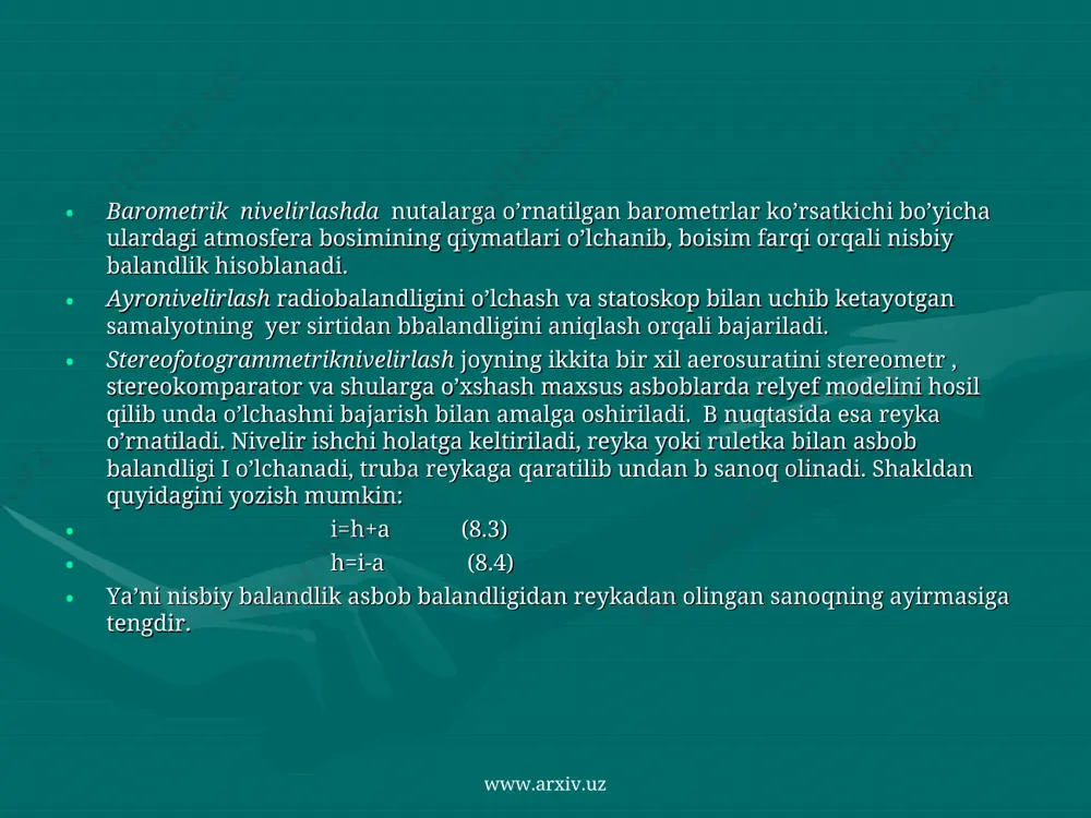 va bn1 ga teng bo’ladi va bu holda nisbiy balandlik h quyidagicha topiladi: h=(a1+mm1)-(b1+nn1) (8.15) bu yerda:mm1=k1; nn 1=k2 yer egriligi uchun tuzatmalar bo’ladi. www.arxiv.uz www.arxiv.uz haqiqatda yorug’lik nuri faqat havoning bir xil muhitda to’g’ri chiziq ko’rinishida tarqaladi. tabiatda havo qatlamlari yer yuzasiga yaqin joyda nisbatan zichroq joylashadi va shunga ko’ra nivelir trubasiga reykadan yetib kelayotgan nur yo’lida havoning har xil qatlamlarini kesib o’tishga to’g’ri keladi . natijada m1 jn1 vazerlash nuri m0 jn0 egri chiziq bo’yicha yo’naladi va mm1=k1 va nn1=k2 qiymatlari m0 m1=r1 va n0n1=r2 refraksiya uchun tuzatma qiymatlariga kamayadi . shunga ko’ra reykalar bo’yicha haqiqiy sanoqlar quyidagilarga teng bo’ladi. a=a1+k1-r1 b=b1+k2-r2 (8.16) yer egriligi refraksiya qo’shma tuzatmasini f1=k1-r1 va f2=k2-r2 bilan belgilanib (8.16) formuladan foydalanib quyidagini yozamiz: a1=a-f1 b1=b-f2 (8.17) www.arxiv.uz www.arxiv.uz www.arxiv.uz www.arxiv.uz nivelir turlari aniqligi bo’yicha nivelir turlari 3 turga bo’linadi: 1)yuqori aniqlikdagi nivelirlar-h-05, h-05k (rossiya) , 2)raqamli nivelirlar – dini 11t, dini 21 (germaniya), …