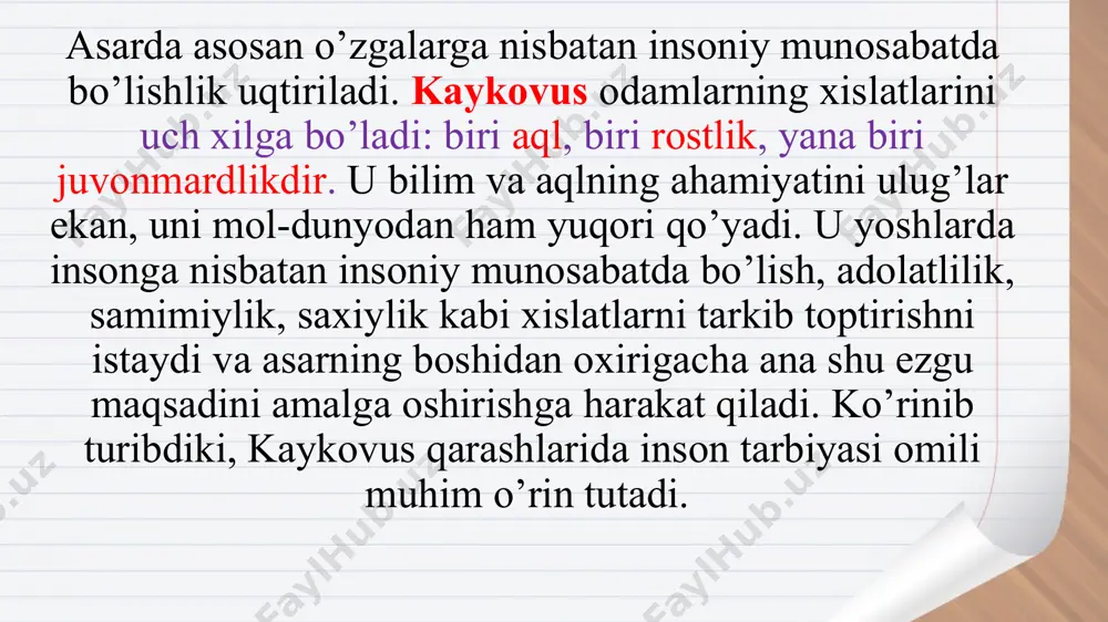 rgi biz yoshlar bunday asarlardan koʻp bilim koʻnikma olmoqdamiz va oʻzimizga bogʻliq kerakli narsalarni bilib olishimiz mumkin. bobolarimiz bizdan nima kutgan boʻlsa biz ham istaklarini amalga oshirishda munosib avlod boʻlishga doimo harakatdamiz. ahmad yassaviyning pedagogik qarashlari shularni o’z ichiga oladi. 1.u insonni hidoyat yo’liga boshlash orqali uning ma’naviyatini yuksaltirishga asosiy masala deb qaraydi. 2.yassaviya tariqati insonni dunyo rohatidan kechib, o’zini alloh yo’liga solishga, toat ibodatni kanda qilmaslikka, alloh uchun qalbini, o’zini poklashga chorlaydi. 3.ahmad yassaviyning o’zi payg’ambar yoshiga yetgach dunyo tashvishlariga qo’l siltab, qolgan umrini uzlatda, yolg’iz, faqatgina alloh yo’lida tavba qilish bilan o’tkazadi. ahmad yassaviy fikricha, inson hech qachon mol-dunyoga, davlatga ishonib qolmaslik kerak. mol-u davlat hamisha hammadan qolib kelgan va bu an’ana bundan keyin ham davom etadi. shuning uchun ham u inson kamtar bo’lishi, hasadgo’ylikni yuqotishi kerakligini uqtiradi. ahmad yassaviyning o’zi faqirlikni afzal ko’rib, o’zini yaratganga bahshida etib, alloh yo’lida taqvo qilib umrini o’tkazgani bekor emas. shu o’rinda …