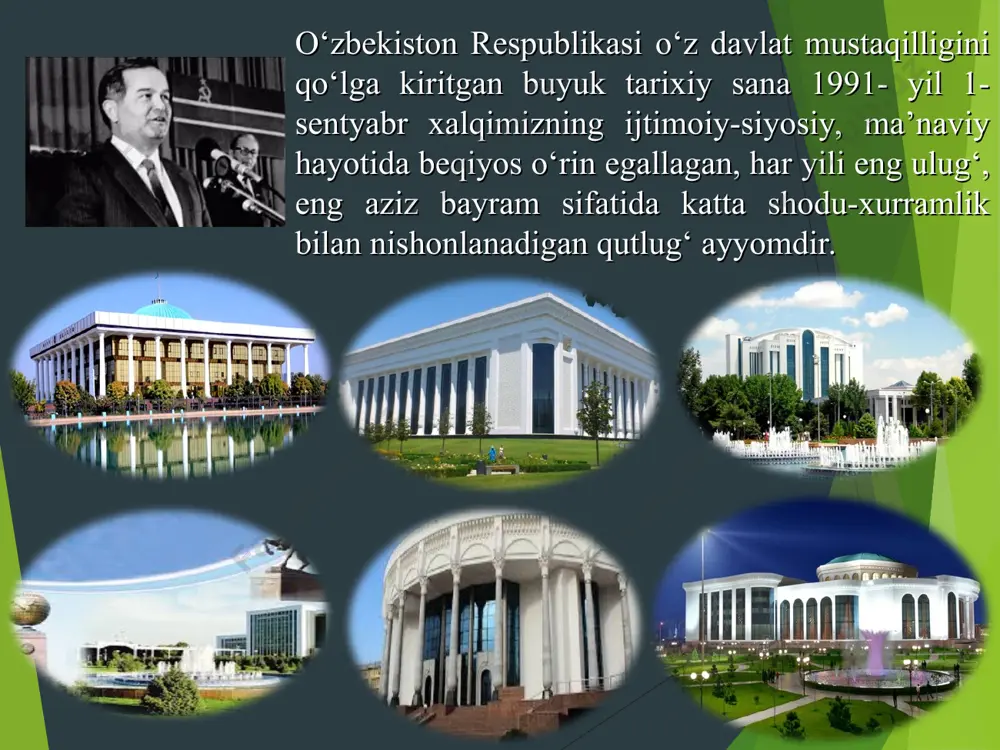 boshqardi. o‘zining necha ming yillik ko‘hna tarixida ne-ne voqealarni boshidan kechirgan xalqimiz uchun o‘zbekiston mustaqilligi – hayotimizni, ongu shuurimizni tubdan o‘zgartirgan eng ulug‘, eng aziz sana sifatida ko‘p yillar, zamonlar o‘tsa-da, o‘z ahamiyati, qadr-qimmati va mohiyatini yo‘qotmaydigan, tom ma’noda, olamshumul voqea bo‘lib abadiy saqlanib qoladi. mamlakatimizda mustaqillik yillarida olib borilgan keng ko‘lamli islohotlar natijasida milliy davlatchiligimiz poydevori mustahkamlanib, davlatimiz suvereniteti, chegaralarimiz daxlsizligi ta’minlandi, jamiyatimizda tinchlik va osoyishtalik, millatlararo totuvlik va diniy bag‘rikenglik muhitini kuchaytirish, qonun ustuvorligi, inson huquq va erkinliklari hamda manfaatlarini ro‘yobga chiqarish bo‘yicha ulkan ishlar amalga oshirildi. 2017-2021 yillarda o‘zbekiston respublikasini rivojlantirishning beshta ustuvor yo‘nalishi bo‘yicha harakatlar strategiyasi ishlab chiqildi hamda o‘zbekiston respublikasi prezidenti shavkat mirziyoyev tomonidan imzolandi. ushbu harakatlar strategiyasini amalga oshirish bo‘yicha jamiyatimizning barcha qatlami yakdillik namoyish etayotgani xalqimizning ulkan muvaffaqiyatlar, taraqqiyotning yangi marralariga erishish, pirovardida odamlarimiz turmush darajasini yanada oshirish imkonini bermoqda. mustaqillik yillarida respublikamizning barcha joylarida shahar va qishloqlarida, turli sohalarda ko’p ishlar qilindi. …