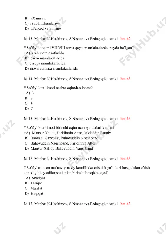 rd, dovyurak,jasur bo’lib necha yoshida bilim ola boshlagan? +a) 7 yoshidan b) 5 yoshidan c) 4 yoshidan d) 6 yoshidan № 25 . manba: k.hoshimov, s.nishonova.pedagogika tarixi bet-137 # buyuk sarkarda amir temur nimani yoqtirmagan? +a) joxillik, yovuzlik va zo’ravonlikni b) ikkiyuzlamachilikni va ichiqoralikni c) o’g’irlik va yong’onchilikni d) dasht va to’g’larni № 26 . manba: k.hoshimov, s.nishonova.pedagogika tarixi bet-137 # buyuk sarkarda amir temurning «temur tuziklari » asarini podshoxlarni turish-turmush va axloq-odob normalarini belgilovchi risoladir deb ta’riflagan taniqli olim kim? +a) bo’riboy ahmedov b) said ahmad c) odil axmedov d) orif alimaxsumov № 27 . manba: k.hoshimov, s.nishonova.pedagogika tarixi bet-137 # buyuk sarkarda amir davlat boshqaruvida o’ziga nechta qoidani yo’riq qilib olgan? +a) 12 ta qoidaga b) 10 ta qoidaga c) 7 ta qoidaga d) 5 ta qoidaga № 27 . manba: k.hoshimov, s.nishonova.pedagogika tarixi bet-138 # amir temur «men o’z hayotim mobaynida besh narsaga qat’iy e’tiqod qo’ydim va …