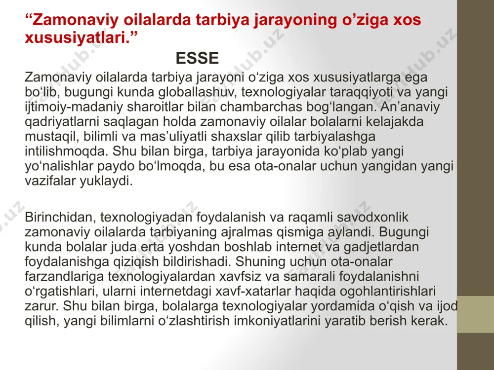 a muvaffaqiyat qozonish uchun juda muhim hisoblanadi. shu bois ota-onalar bolalarni jamoada ishlash, boshqa odamlarning his-tuyg‘ularini tushunish va ijobiy munosabatlarni shakllantirishga o‘rgatishga intiladilar. to‘rtinchidan, axloqiy va ma’naviy tarbiya ham zamonaviy oilalarda o‘z ahamiyatini yo‘qotmagan. globallashuv sharoitida milliy va umuminsoniy qadriyatlarni saqlash va rivojlantirish dolzarb masalalardan biridir. shuning uchun ota-onalar farzandlariga hurmat, halollik, mas’uliyat kabi asosiy qadriyatlarni singdirishga harakat qiladilar. bu esa bolalarga nafaqat o‘z jamiyatida, balki xalqaro miqyosda ham o‘z o‘rnini topishga yordam beradi. beshinchidan, ekologik va iqtisodiy savodxonlik ham bugungi zamonaviy tarbiyaning asosiy yo‘nalishlaridan biridir. ota-onalar farzandlariga tabiatga nisbatan mas’uliyatli bo‘lish, tejamkorlik va iqtisodiy rejalashtirish ko‘nikmalarini o‘rgatishga intilishadi. bu kelajakda bolalarning atrof-muhitni asrab-avaylash va iqtisodiy barqarorlikni ta’minlash borasidagi shaxsiy javobgarligini oshiradi. xulosa qilib aytganda, zamonaviy oilalarda tarbiya jarayoni ko‘plab yangi yo‘nalishlarni qamrab oladi. ota-onalar bolalarga texnologiyadan xavfsiz foydalanish, tanqidiy fikrlash, axloqiy qadriyatlarni hurmat qilish va tabiatni asrash kabi zamonaviy qobiliyatlarni singdirishga intilishadi. shu bilan birga, tarbiya jarayonida har bir …