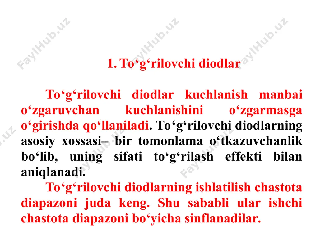 lektronika elementlari bo‘lib fotodiod va yorug‘lik diodi hisoblanadilar. yorug‘lik diodi – bu elektr energiyasini nokogerent yorug‘lik nuriga aylantiradigan, bitta p-n o‘tishga ega bo‘lgan yarim o‘tkazgichli asbob. yorug‘lik nuri elektron – kovak juftlarining rekombinasiyasi natijasida yuzaga keladi. rekombinasiya, p-n o‘tish to‘g‘ri ulanganda kuzatiladi. rekombinasiya doim ham nurlatuvchi bo‘lavermaydi va to‘g‘ri zonali yarim o‘tkazgichlarda, jumladan galliy arsenidida sodir bo‘ladi. bunday yarim o‘tkazgichlar spesifik xona diagrammasiga ega bo‘ladilar. 18 nazorat savollari 1. stabilitronlarda qanday elektr teshilish turlari bo’ladi ? 2. siz diodning qanday turlarini bilasiz ? ularning shartli belgilarini keltiring. 3. yarim o‘tkazgichli diod va tranzistorlarni belgilanish prinsipini tushuntiring. 4. to‘g‘rilovchi diodlarning ishlashini tushuntiring. 5. varikap nima va u qayerlarda qo‘llaniladi ? 6. elektr zanjirida stabilitronni qo‘llanishi qanday qilib chiqish kuchlanishini barqarorlaydi ? 7. to‘g‘rilovchi va tunnel diodlarining ajratib turuvchi xossalari nimada? 8. optoelektron asbob nima va ular qayerlarda ishlatilishini tushuntiring. 9. fotodiodni ishlash prinsipi va asosiy harakteristikasini tushuntiring. 10.yorug‘lik diodi ishlash prinsipi …