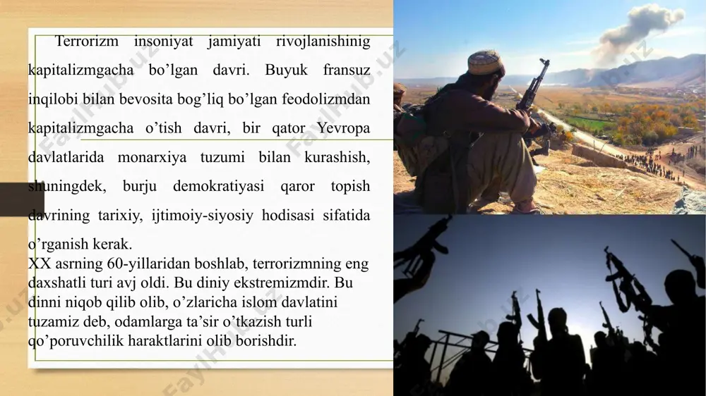 shu bilan birga davlatlar o’rtasida nizolar kelib chiqishi mumkinligini ogohlantirishi uchun milliy qonunchilikning haddan ortiq kengayib ketishini oldini olishga amal qilish mazmunidagi tavsiyalari inobatga olindi. qonunning maqsadi terrorizmga qarshi kurash sohasidagi munosabatlarni tartibga solishdan iborat bo’lib asosiy vazifalari etib shaxs, jamiyat va davlatning terrorizmdan xavfsizligini ta’minlash, davlat suverenteti va hududiy yaxlitligini himoya qilish, fuqarolar tinchligi va milliy totuvlikni saqlashdan iborat. qonun “umumiy qoidalar”, “davlat organlarining terrorizmga qarshi kurash sohasidagi vakolatlari”, “terrorchikka qarshi operatsiyaning o’tkazilishi”, “terrorchilik oqibatida yetkazilgan zararni qoplash” va “jabrlangan shaxslarning ijtimoiy reabilitatsiyasi” hamda “terrorizmga qarshi kurashda ishtirok etayotgan shaxslarning huquqiy va ijtimoiy hioyasi” deb nomlanuvchi 5 bo’lim va 31 moddadan iborat. terrorizmga qarshi kurashni amalga oshirishda davlat boshqaruv organlari, mahalliy davlat hokimiyati organlari, fuqarolarning o’zini-o’zi boshqarish organlari, jamoat birlashmalari, korxonalar, muassasalar, tashkilotlar, mansabdor shaxslar, fuqarolar ko’maklashishlari zarurligi 6-moddada belgilab qo’yilgan. terrorizmga qarshi kurashish, o’zbekiston resbublikasi milliy xavfsizlik xizmati, ichki ishlar vazirligi, davlat chegaralarini himoya qilish qo’mitasi, davlat bojxona …