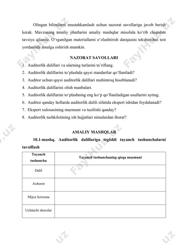 gishli tayanch tushunchalarni tavsiflash tayanch tushuncha tayanch tushunchaning qisqa mazmuni dalil axborot mijoz korxona uchinchi shaxslar tahlil qilish ishonchlilik topshiriq: auditorlik dalillariga tegishli tayanch tushunchalarning qisqa tavsifini yozing. 10.2-mashq. auditorlik dalillarining ishonchliligi baholash korxonada buxgalteriya hisobining yo‘lga qo‘yilganligi haqida 4 guruhdagi ma’lumotlar mavjud: 1. haqiqiy holatni ko‘zdan kechirish orqali olingan tugallanmagan ishlab chiqarish bo‘yicha inventarizatsiya ro‘yxati 2. 2010-“asosiy ishlab chiqarish” scho‘ti bo‘yicha dastlabki hujjatlar va jurnal-order 3. 2800-“tayyor mahsulotlar” scho‘ti bo‘yicha dastlabki hujjatlar va jurnal-order 4. zaxiralar hisobining to‘g‘riligini tasdiqlaydigan va auditorning o‘zi ishtirok etgan inventarizatsiya natijalari. topshiriq. keltirilgan dalillarning ishonchlilik darajasini aniqlang. 10.3-mashq. olinish manbalari bo‘yicha auditorlik dalillari ishonchliligini baholash quyidagi manbalardan olingan hujjatlar mavjud: 1. uchinchi shaxslardan; 2. tashqi ma’lumotlar asosida mijozlardan; 3. ichki ma’lumotlar asosida mijozlardan. 4. mijoz-korxona buxgalteriya yozuvlari asosida auditor tomonidan to‘plangan. topshiriq. auditorlik dalillarini ma’lumotlarning ishonchliligi bo‘yicha baholang. 10.4-mashq. auditorlik dalillarining ahamiyatini baholash direktorlar kengashi yig‘ilishining bayonnomalarini tekshirish – dalillarni olishning ajralmas qismidir. topshiriq. …