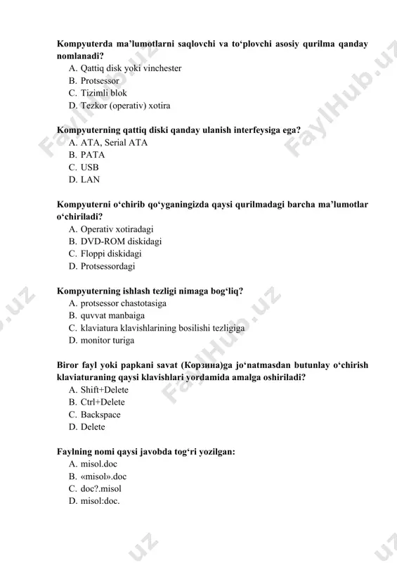 uloqot oynasi nima deyiladi? a. interfeys b. model c. sistema d. internet quyidagi qaysi jarayonlarni operatsion tizim bajarmaydi? a. har bir foydalanuvchining kompyuterdagi ish vaqtini taqsimlash b. foydalanuvchi interfeysini tashkil qilish c. barcha kompyuter tugunlarining birgalikdagi ishlarini tashkil qilish d. amaliy dasturlarni ishga tushirish va yakunlash kompyuterning qo‘shimcha qurilmalariga xizmat ko‘rsatuvchi darsturlar qanday nomlanadi? a. drayver b. slujebniye c. standartniye d. makros qanday funksiyalardan foydalanilganda, filtrlash paytida o‘zgarib turuvchi, ko‘rinadigan diapazon sonlarining yig‘indisini hisoblash mumkin? a. сумм ва автофильтр b. сумм ва промежуточные.итоги c. суммвд d. сумм excel dasturida diagrammalar nima uchun yaratiladi? a. ma’lumotlarni grafik ko‘rinishda tasvirlash uchun b. ustun yoki satrlarni grafik ko‘rinishda yasash uchun c. ma’lumotlarni nografik ko‘rinishda tasvirlash uchun d. ustunlarni grafik ko‘rinishda yasash uchun ishga tushirilgan dasturning monitorda ko’rinib turgan va undan foydalanishga imkon beruvchi qismi …… deb ataladi. a. interfeys b. uskunalar paneli c. ishchi maydoni d. menyular satri formula tarkibida qo‘llash uchun quyidagi …