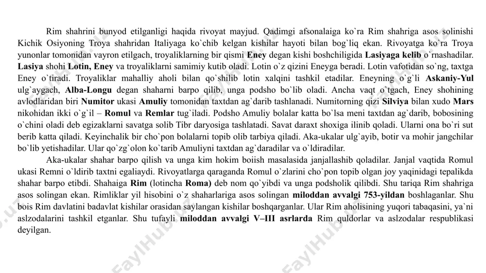 jtimoiy-iqti­sodiy taraqqiyotida asos bo‘lib xizmat qilgan ilk davlat muassa­salari shakllanadi. 2. ilk respublika davri (mil.avv. v–iii asrlar). u italiyada quldor­lik jamiyati va davlatining uzluksiz taraqqiyoti bilan belgilanadi. 3. so‘nggi respublika davri (mil.avv. ii–i asrlar). bu davrda klassik qulchilik shakllanib, rim o‘rtayer dengizi davlati tash­kil topadi. 4. ilk imperiya yoki prinsipat (milodiy i–ii asrlar) davri. bu davr rim imperiyasining oltin davri. o‘rtayer dengizi antik sivi­lizatsiyasining gullab-yashnashi, iqdisodiyot va madaniyatning o‘sishi bilan belgilanadi; 5. umumiy tushkunlik. rim imperiyasining yemirilish xavfi (milodiy iii asr). bu davrda rim jamiyatining barcha tuzilma­larida kuchli tushkunlik belgilari yaqqol ko‘rinadi va rim dav­latchiligining halokati xavfi tug‘iladi; 6. so‘nggi rim imperiyasi yoki dominat (milodiy iv–v asrlar). bu davr quldorlik jamiyatining yemirilishi, uning bag‘rida feo­dalizmning ilk belgilari shakllanishi va g‘arbiy rim imperiyasi­ning qulashi bilan belgilanadi. ilk rim respublikasi 1..etrusklar va rim 2. ilk respublika davrida davlat qurilishi 3. er. avv. vi—iii asrlarda italiyaning iqtisodiyoti. 4. rimni italiyani bosib olishi. etrusklar …