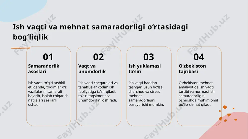nadi va ularning tartibga solinishi davlat tomonidan nazorat qilinadi. 2 normal ish vaqti - ishchilarning haftalik va kundalik ish soatlari, maksimal yuklama va dam olish vaqtlari qonunchilikda batafsil ko‘rsatilgan. 3 maxsus ish vaqti - qisqartirilgan, moslashuvchan yoki növbali grafiklar kabi ish vaqti turlari uchun maxsus tartib va huquqiy kafolatlar belgilanadi. o‘zbekistonda ish vaqti turlarining amaliyotdagi ko‘rinishlari davlat tashkilotlarida ish vaqti o‘zbekiston davlat sektorida asosan to‘liq ish kuni tartibi qo‘llaniladi, bunda haftalik norma 40 soatni tashkil etadi. xususiy sektorda moslashuvchanlik xususiy korxonalarda ish vaqti rejimlari ko‘proq moslashuvchan bo‘lib, qisqartirilgan va moslashtirilgan ish vaqti keng tarqalgan. smenali ish tartibi sog‘liqni saqlash, transport va sanoatda smenali va uzluksiz ish grafigi amalda keng qo‘llanilib, samarali tashkil etiladi. ish vaqti boshqaruvi: samarali vaqt rejalashtirish usullari 01 vaqtni rejalashtirish ish jarayonini samarali tashkil qilish uchun aniq maqsad qo‘yish va ustuvor vazifalarni rejalashtirish muhim ahamiyatga ega bo‘ladi. 02 ustuvorliklarni aniqlash har bir topshiriqning muhimligini baholash, dolzarb vazifalarni …