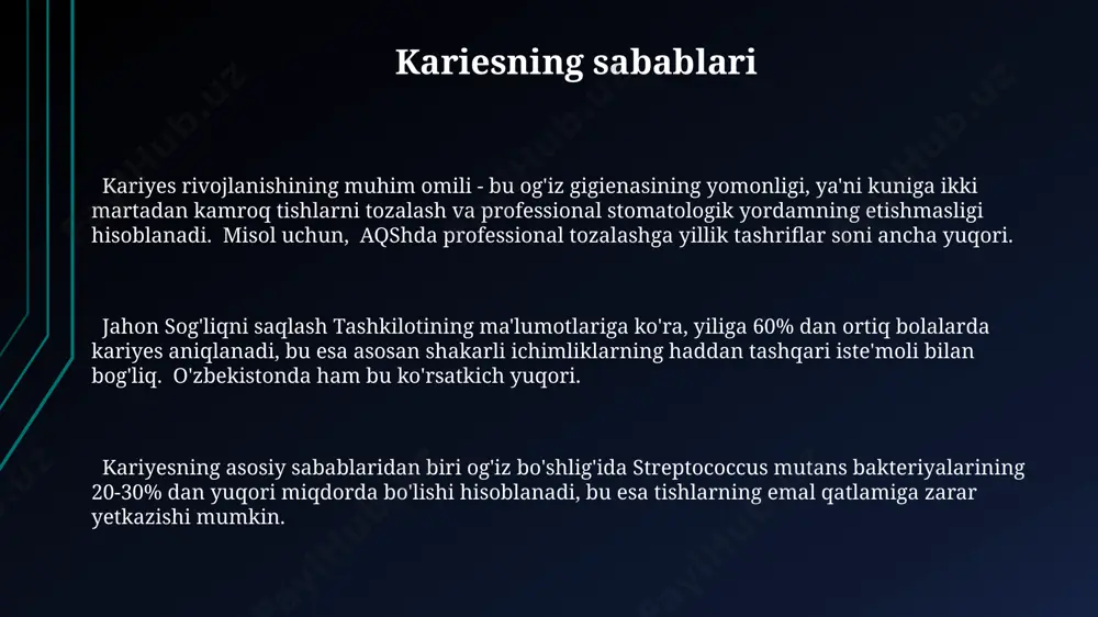 rni esa aylana harakatlari bilan, kamida 3 martadan tozalash kerak, samarqand stomatologlari tavsiyasi. tishlarni tozalashda 45 daraja burchak ostida, 2-3 mm kenglikdagi soch cho'tkasi bilan, tashkentda ishlab chiqarilgan yuqori sifatli tish pastasi yordamida harakat qilish tavsiya etiladi. homiladorlik davrida ogʻiz gigienasi homiladorlik davrida tishlarning kariyesga chalinishi 2-3 baravar ortadi, chunki gormonal o'zgarishlar og'iz bo'shlig'ining ph muvozanatini buzadi va samarqanddagi tadqiqotlar buni tasdiqlaydi. homilador ayollarning 70% dan ortig'i gingivit (milk yallig'lanishi)ga duch keladi, bu esa kariyes rivojlanishi xavfini oshiradi va toshkent shahridagi stomatologik klinikalar bu muammoni tez-tez uchratadilar. kundalik og'iz gigienasi, jumladan, kuniga ikki marta 2 daqiqa davomida to'g'ri cho'tka bilan tozalash, homiladorlik davrida kariyesning oldini olishda muhim rol o'ynaydi va bu jahon sog'liqni saqlash tashkilotining tavsiyalariga mos keladi. zararli odatlar samarqand viloyatida o'tkazilgan tadqiqotlarga ko'ra, har kuni kechki ovqatdan keyin tishlarni tozalashni e'tiborsiz qoldirish karies rivojlanish xavfini 4 marta oshiradi. o'zbekiston aholisining 35% ga yaqini kuniga 2 soatdan ko'proq vaqtini …